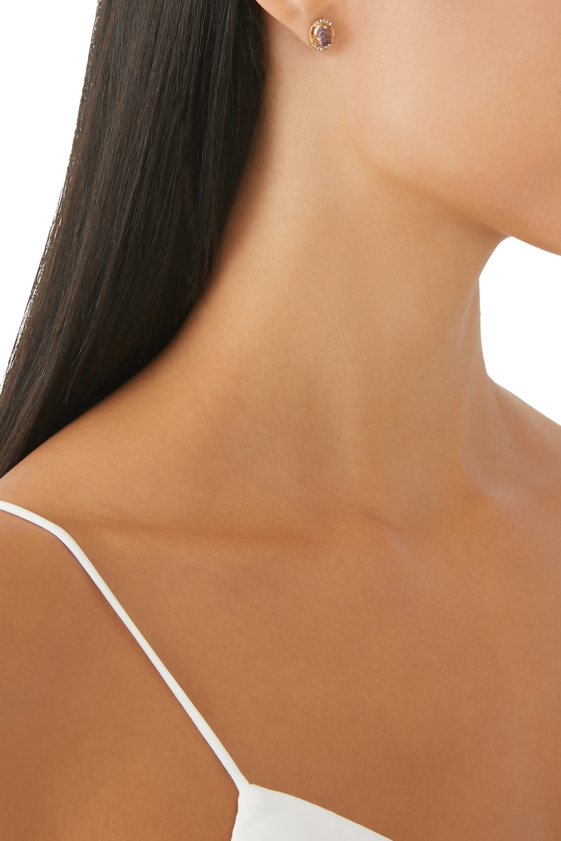 Scarab Stone Stud Earring, 18k Yellow Gold with Amethyst & Diamond