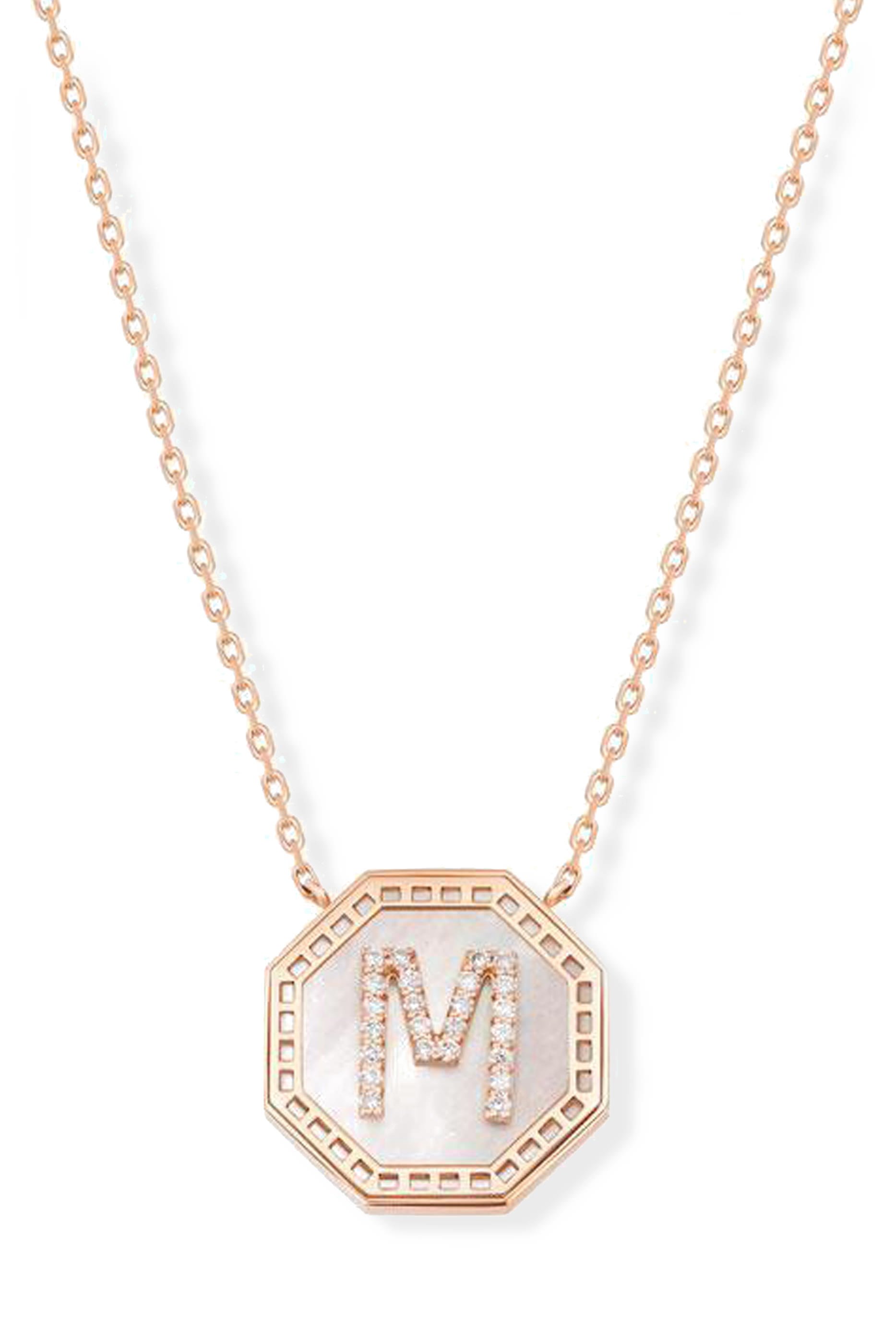 Harf Turath Letter M Pendant Necklace, 18k Rose Gold, Diamonds & Mother of Pearl