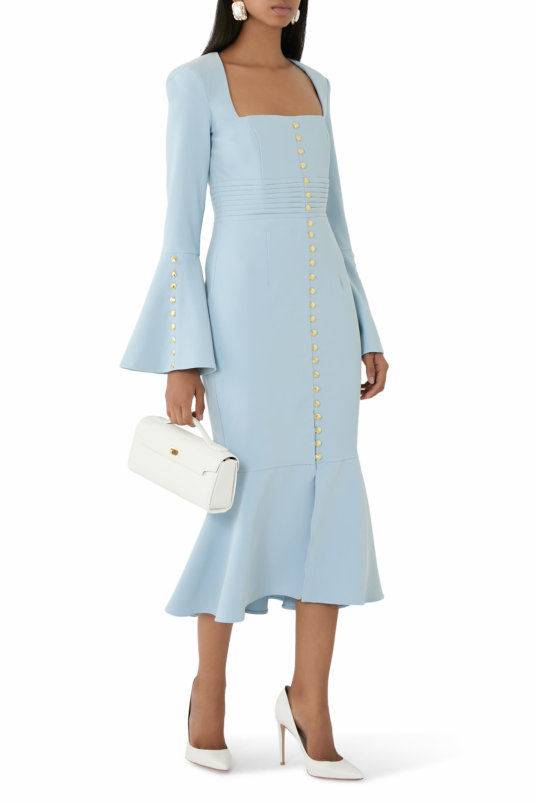 Serena Fluted Sleeves Micro Shell Button Midi Dress