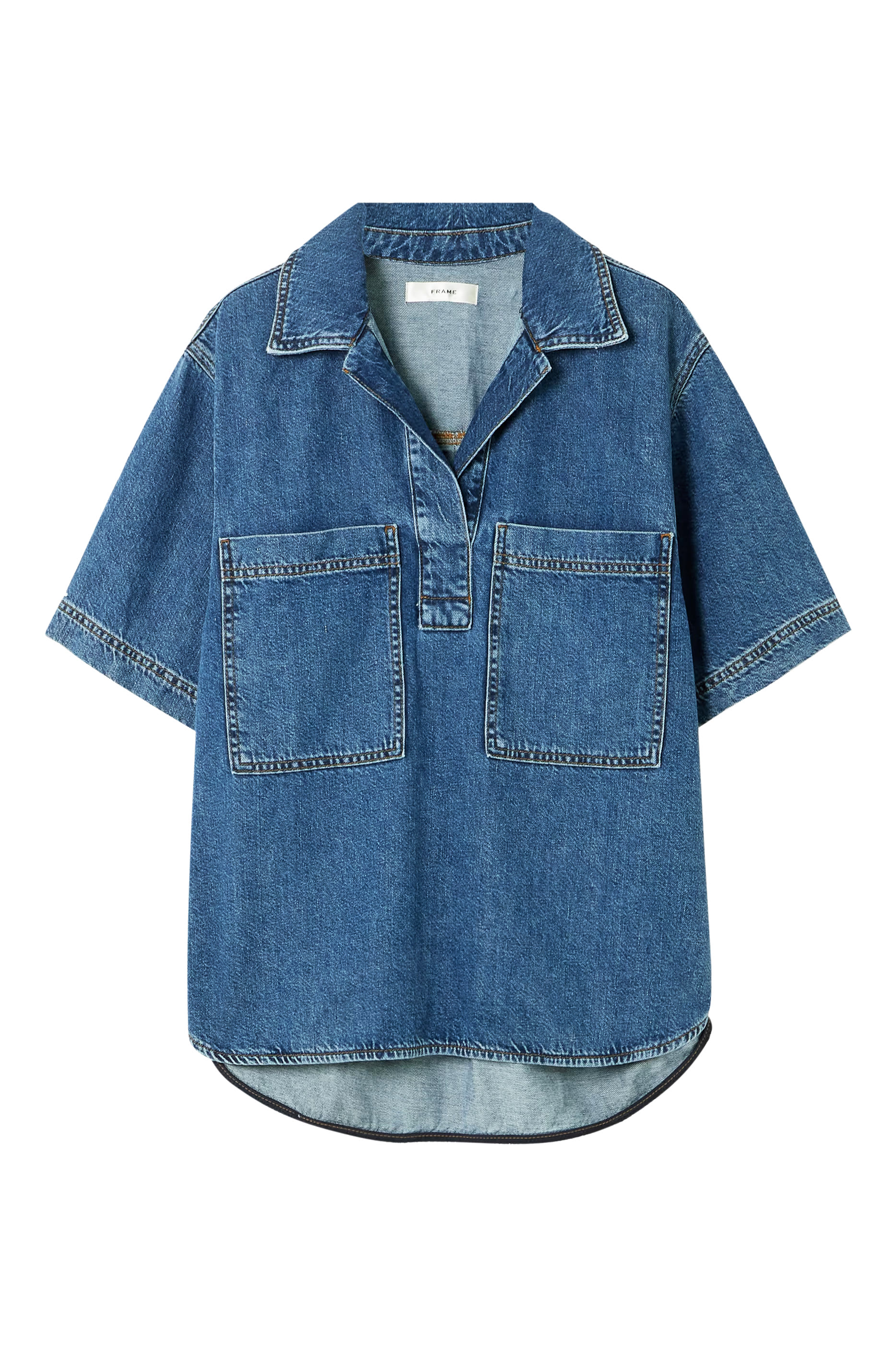 High-Low Short-Sleeve Denim Shirt