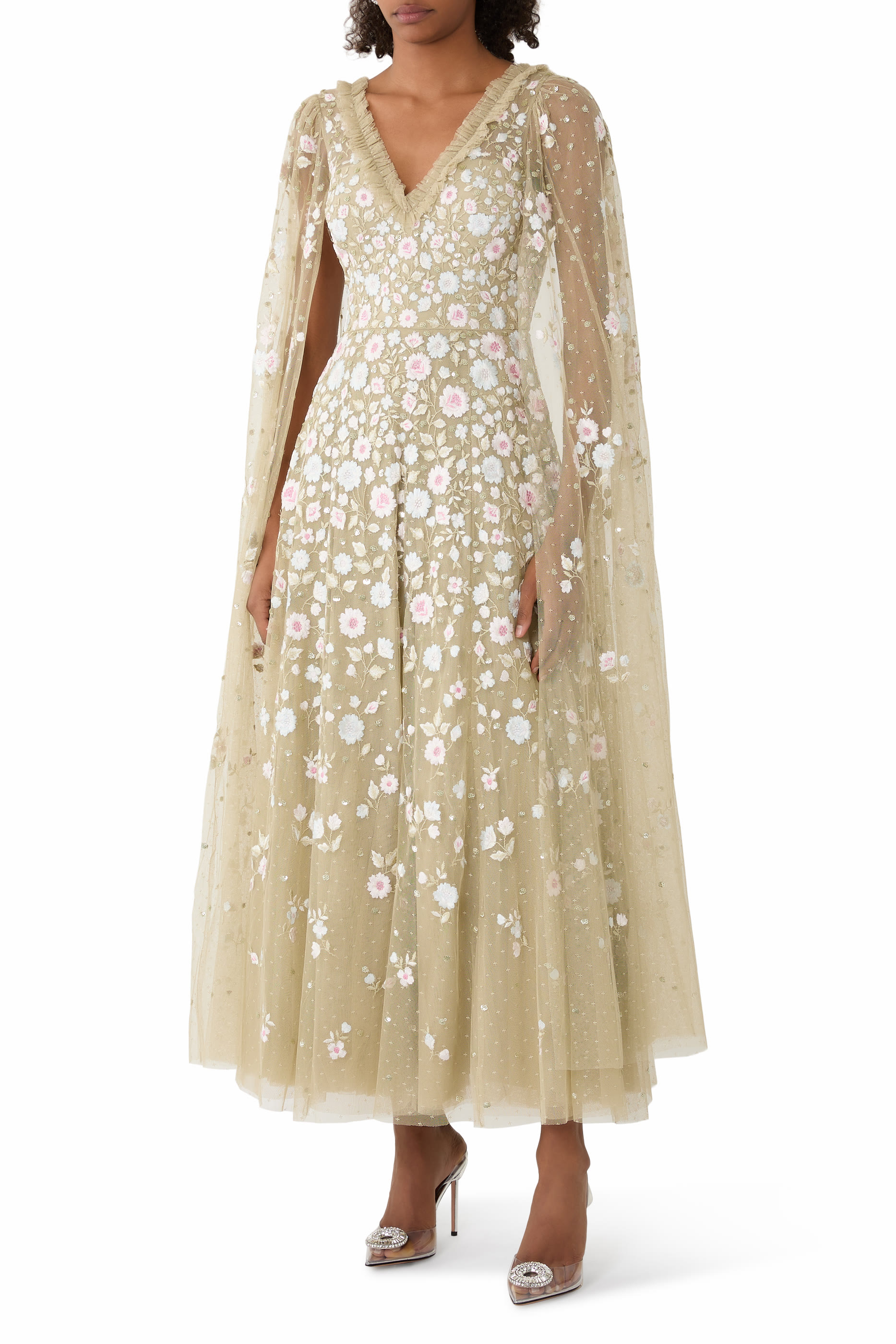 Cape-Detail Ethereal Blooms Maxi Dress