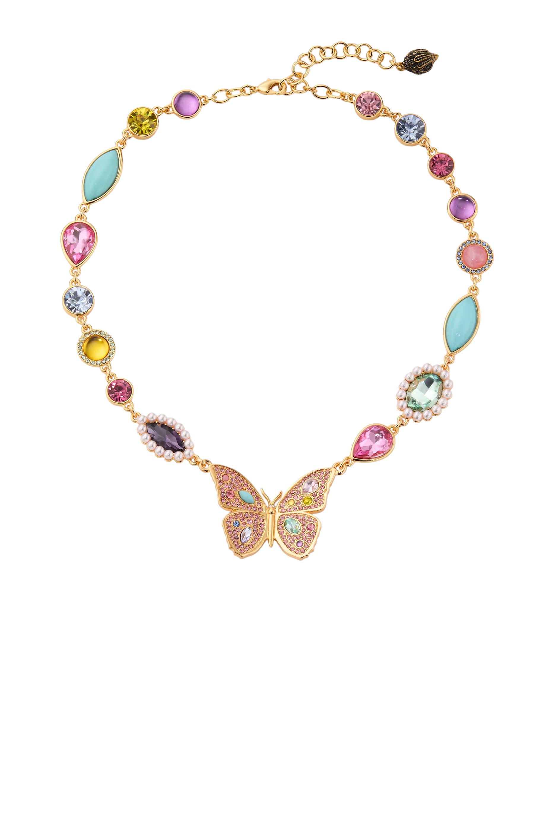 Butterfly Large Necklace, Brass & Crystals, Stones