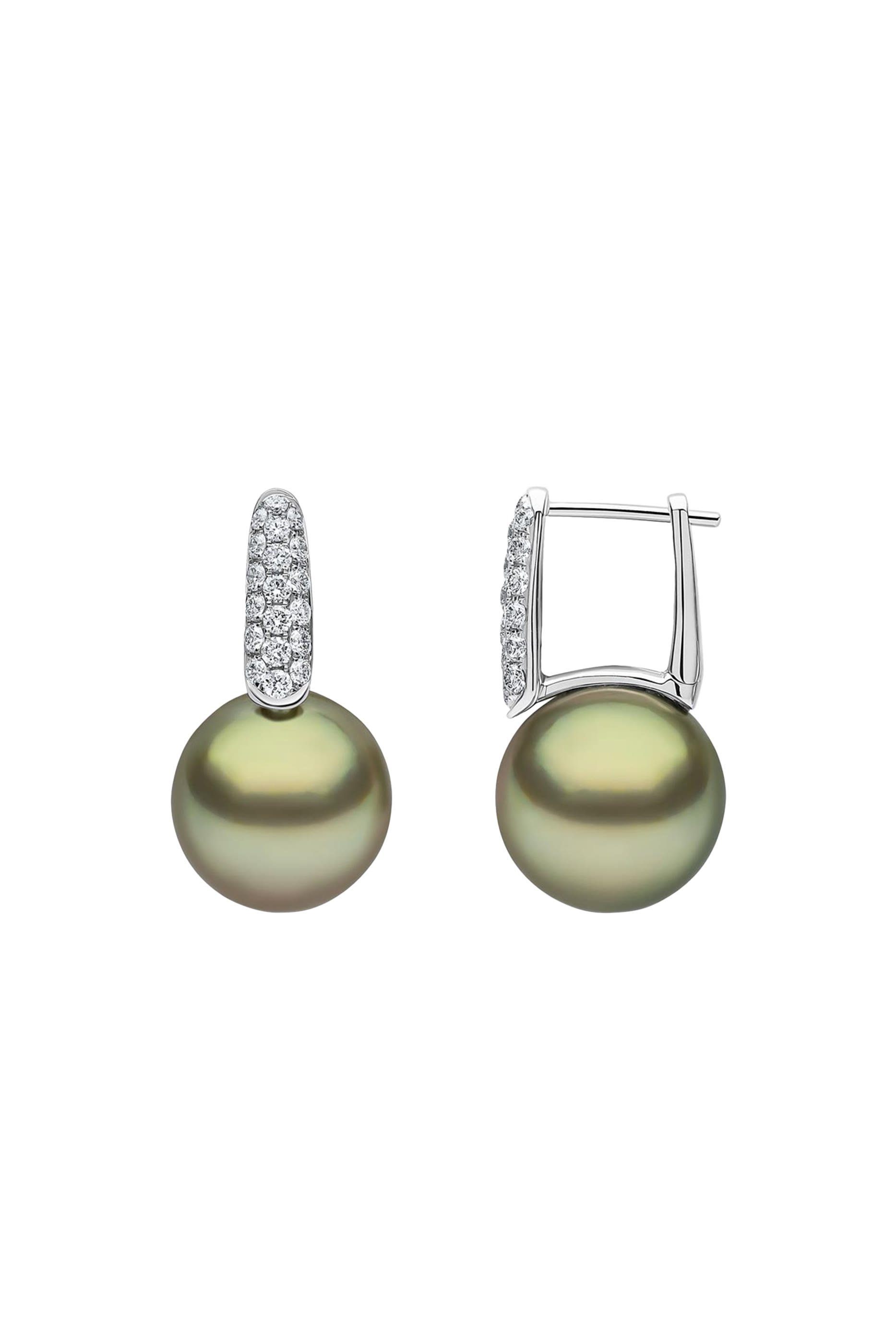 Jazz Hoop Earrings, 18K White Gold with Tahitian Pearls & Diamonds