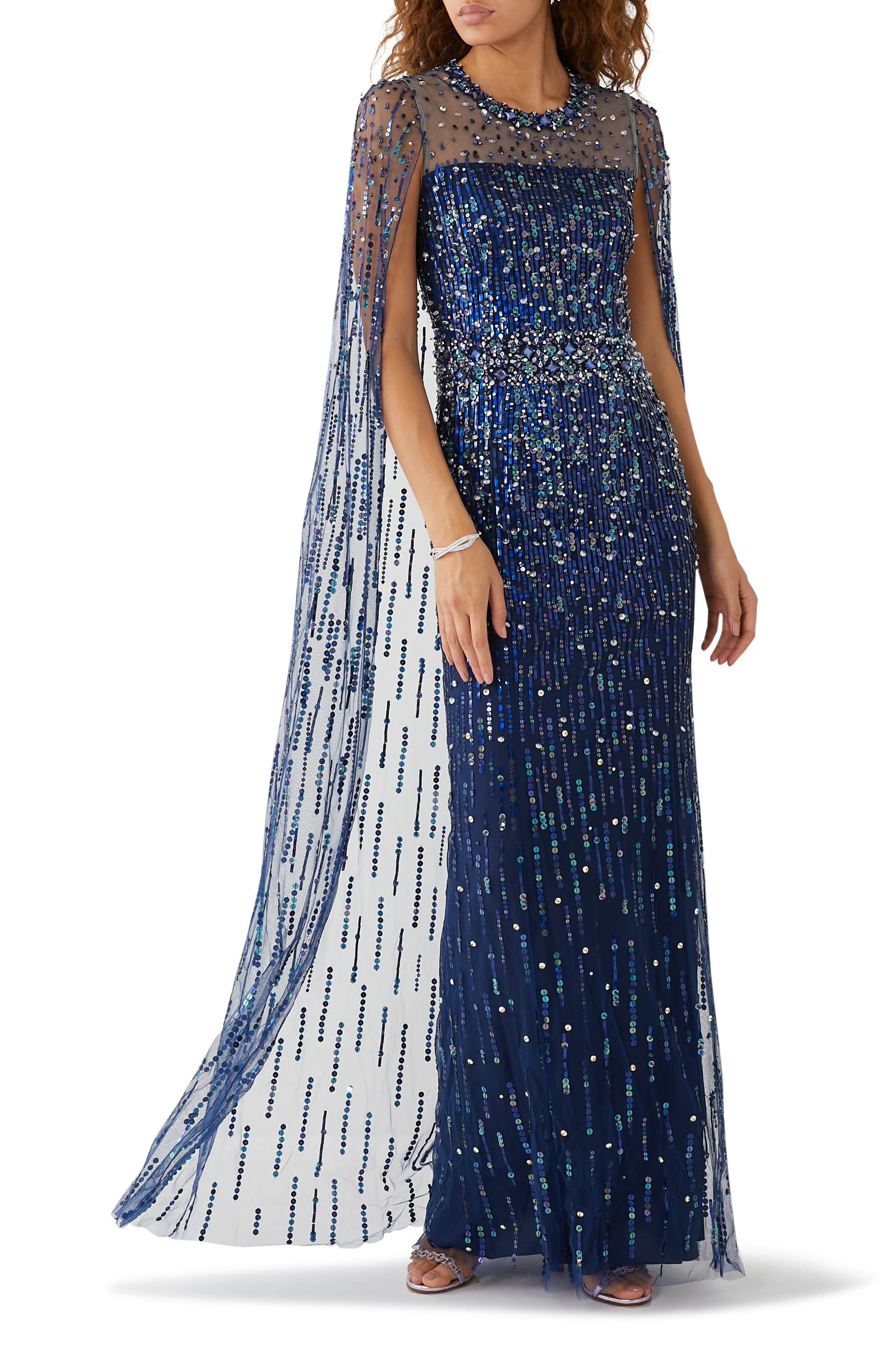 Sequin-Embellished Lux Cape Gown