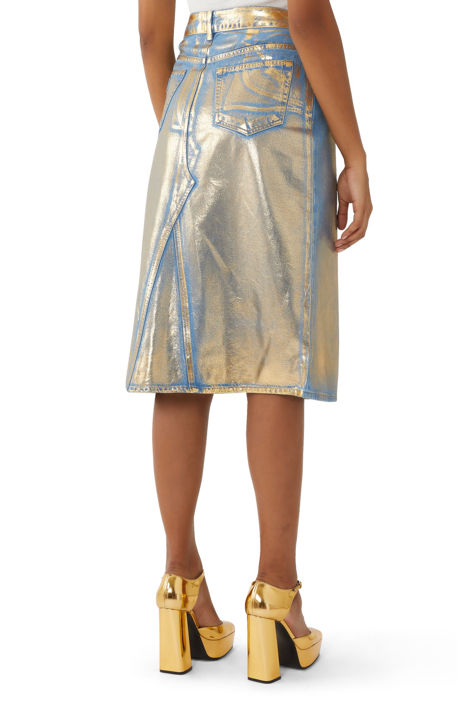 Gold Foil Denim Midi Skirt