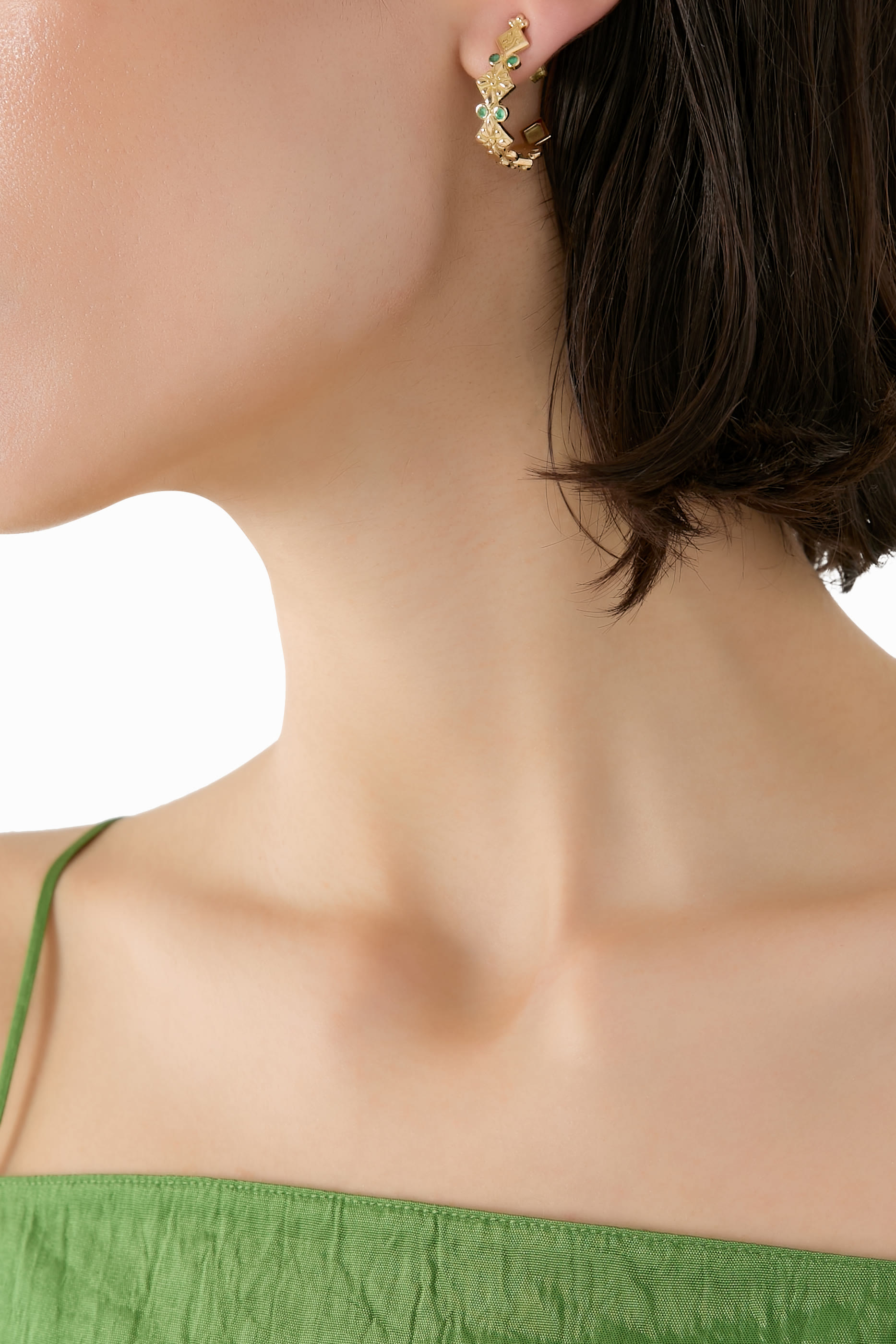 Calligraphy Prosperity and Blessing Hoop Earrings, 18k Yellow Gold & Diamond, Emerald