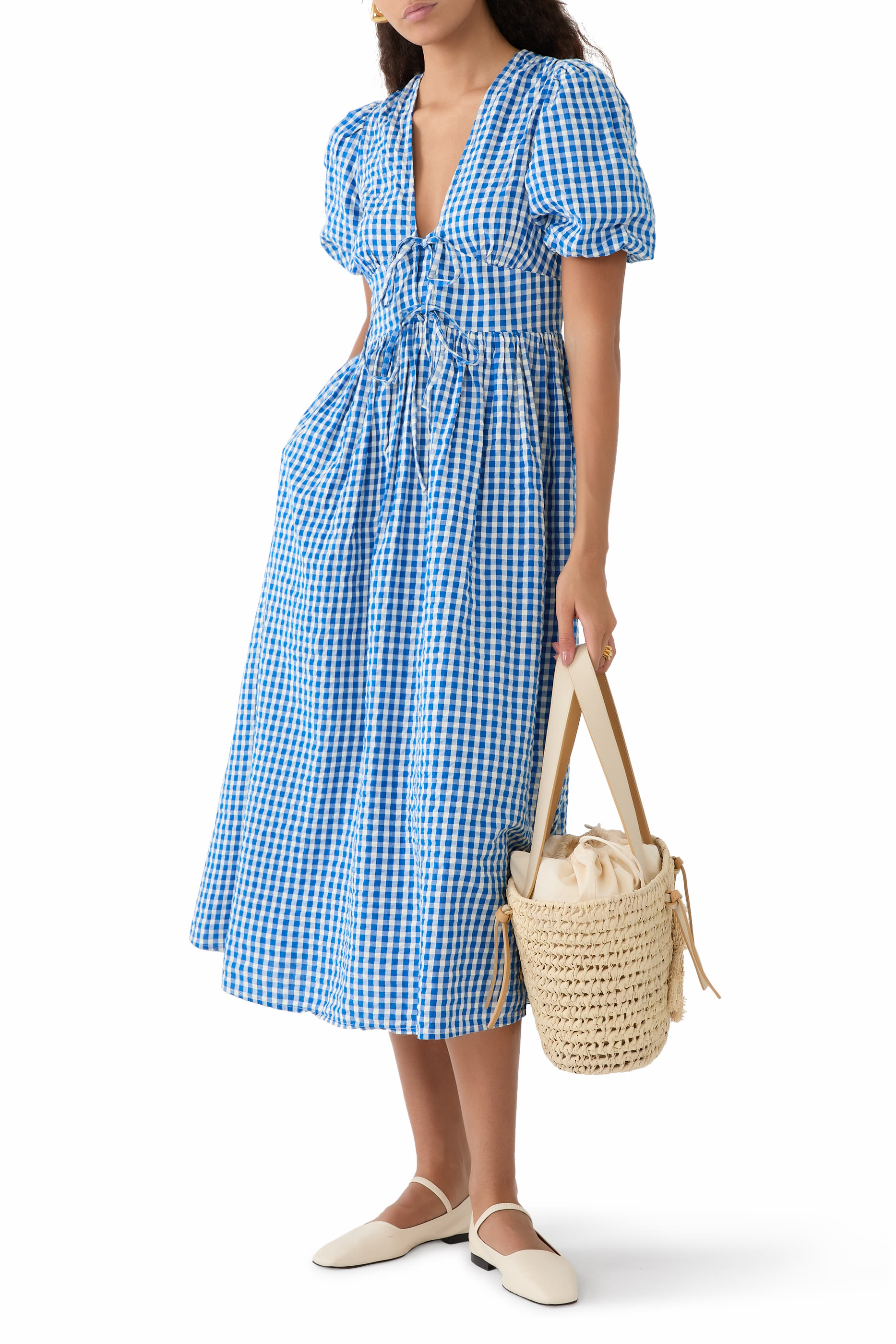 Puff Sleeves Gingham Scottie Midi Dress