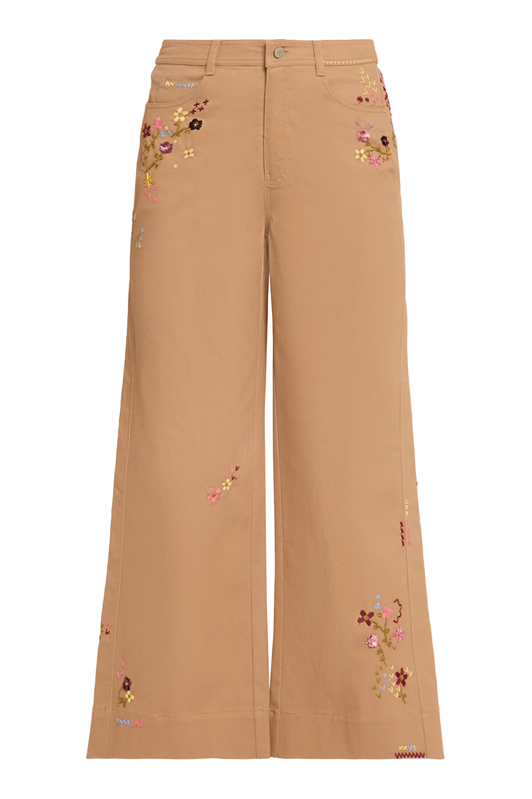 Betsy Wildflower-Embroidered Wide-Leg Crop Pants