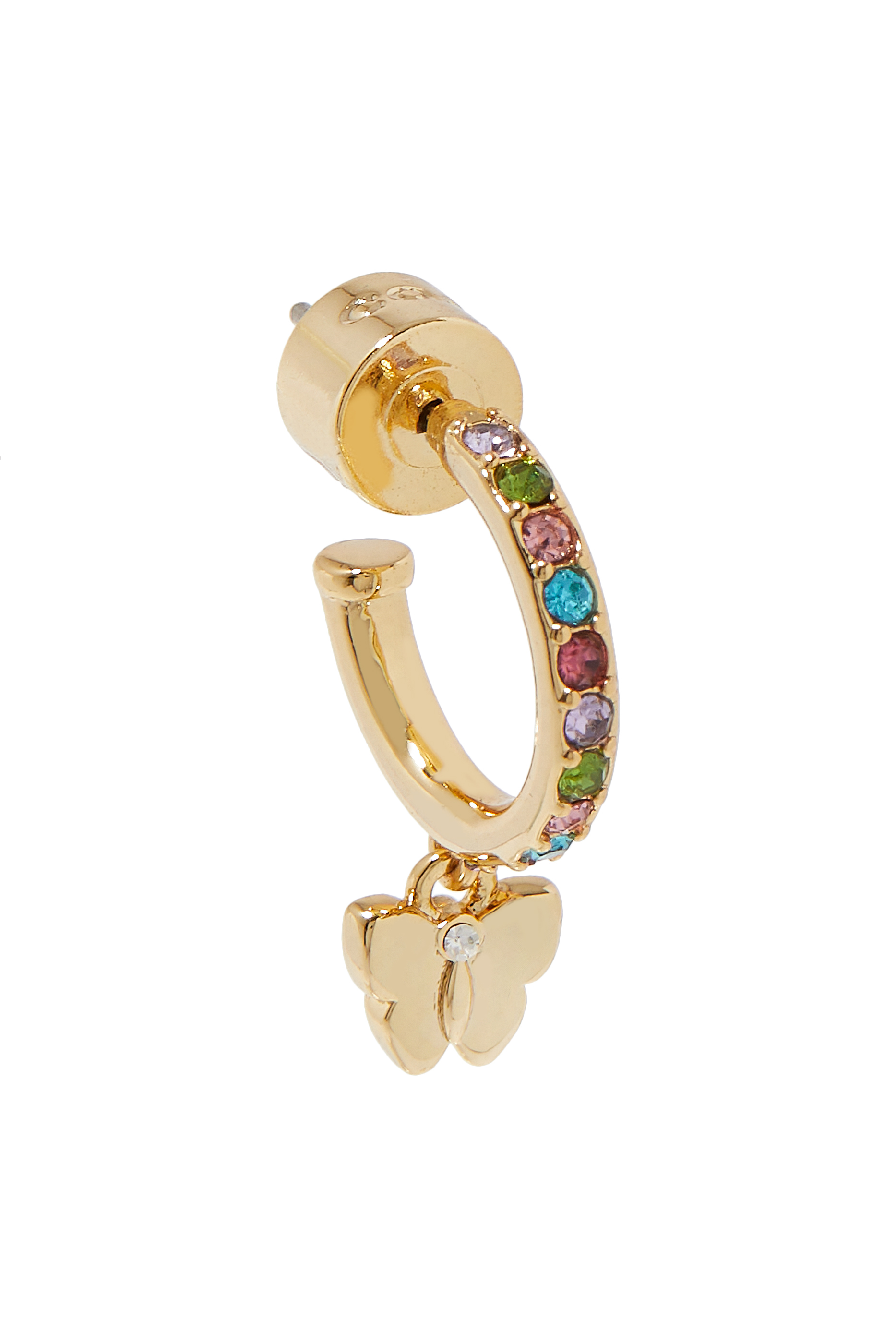 Butterfly Charm Huggie Earrings, Plated Brass & Crystals