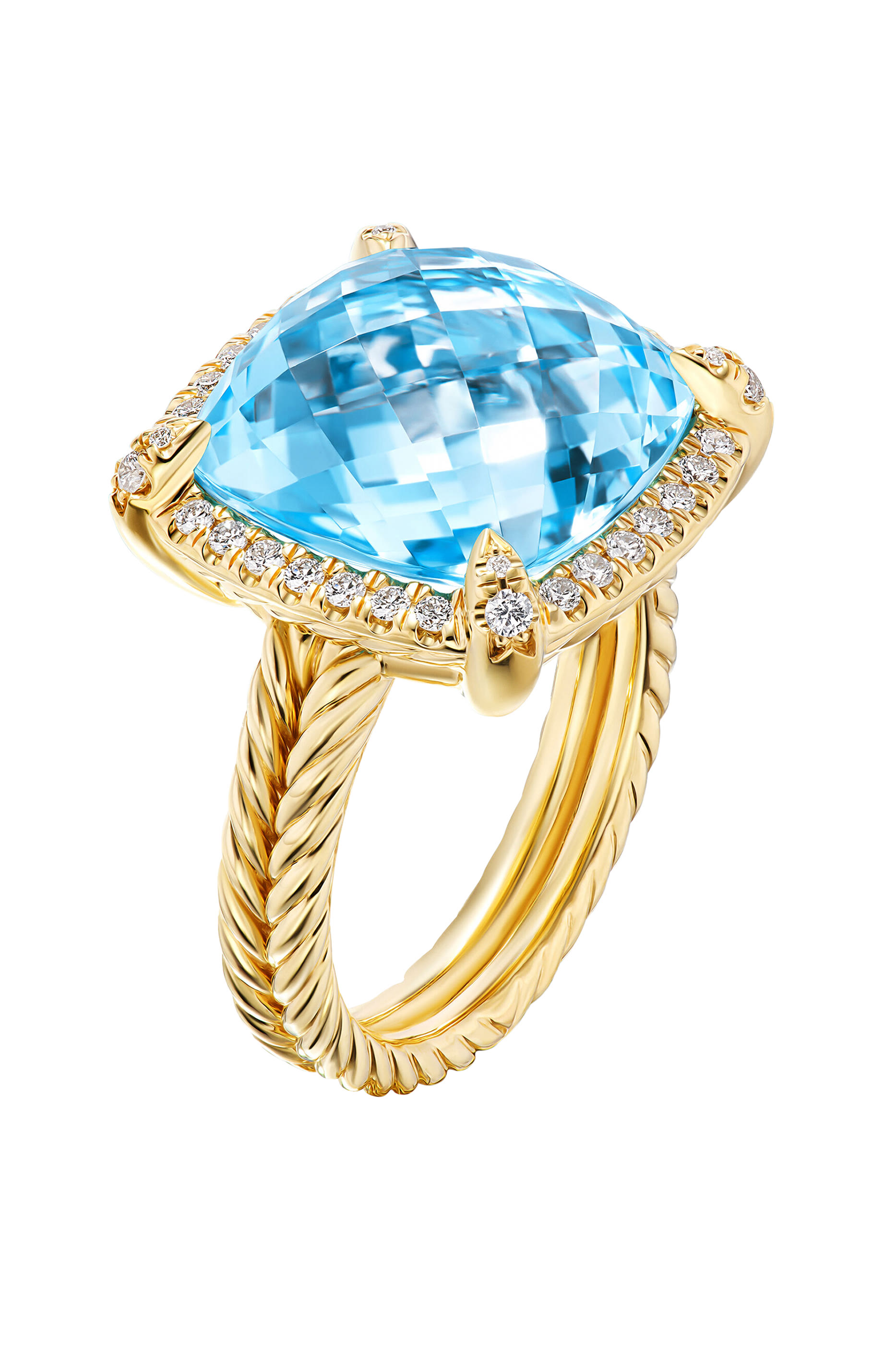 Chatelaine Blue Topaz Ring, 18k Yellow Gold and Diamonds
