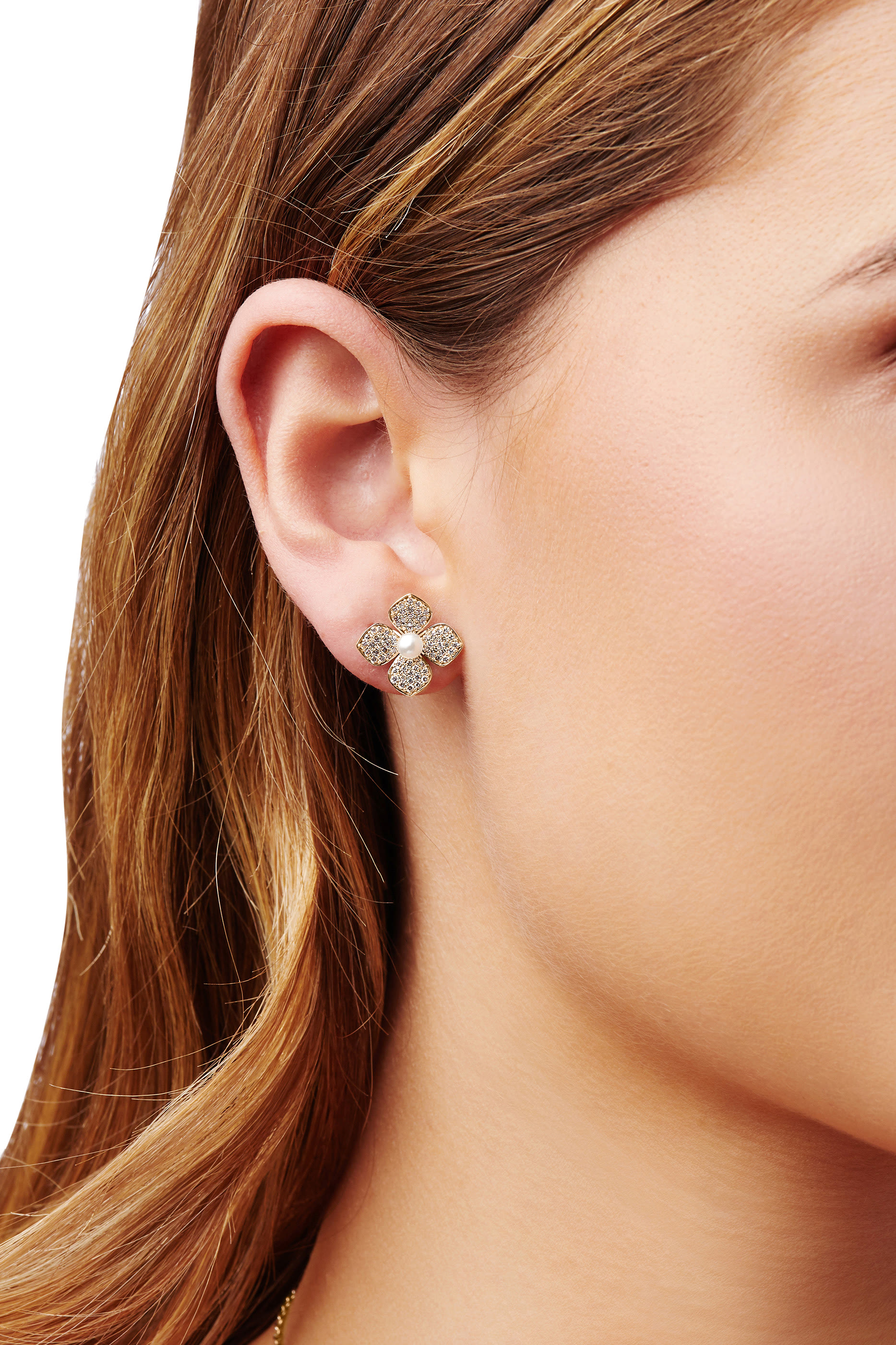 Petal Earrings, 18k Yellow Gold, Diamond & Pearl