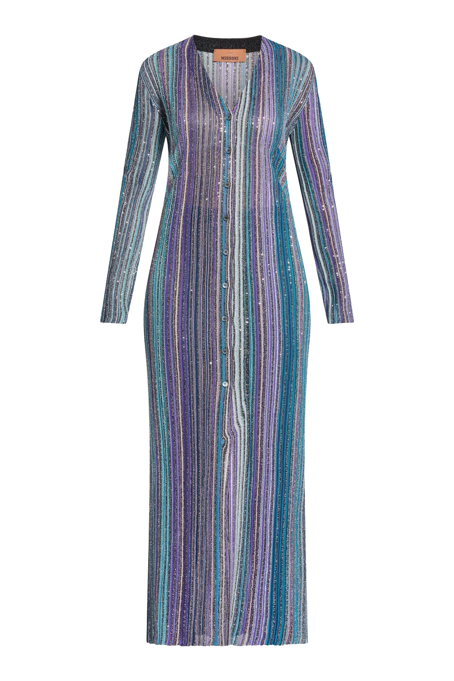 Partialized Sequinned Knit Buttoned Maxi Cardigan 