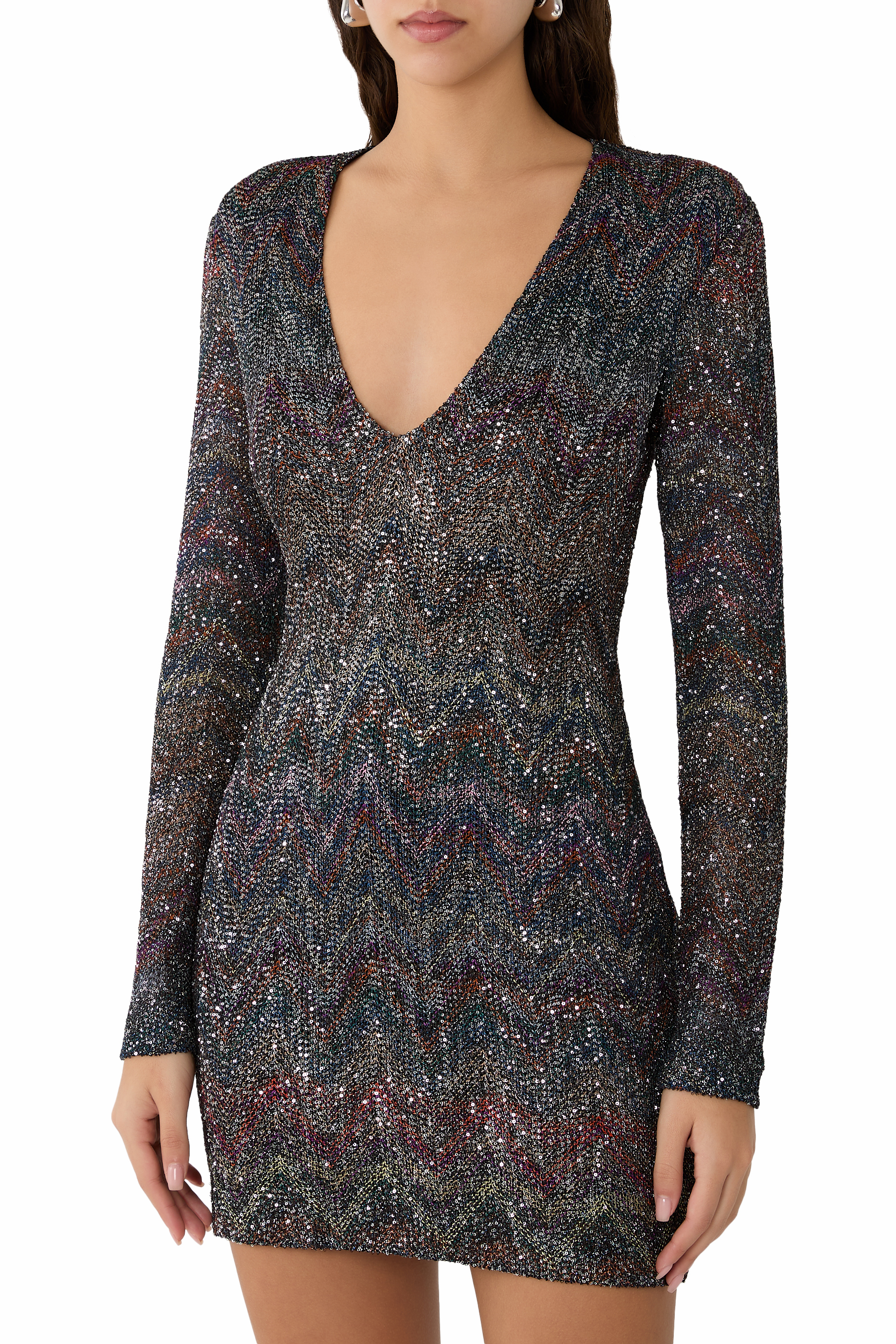 Mini Dress with V-Neck and Zigzag Pattern