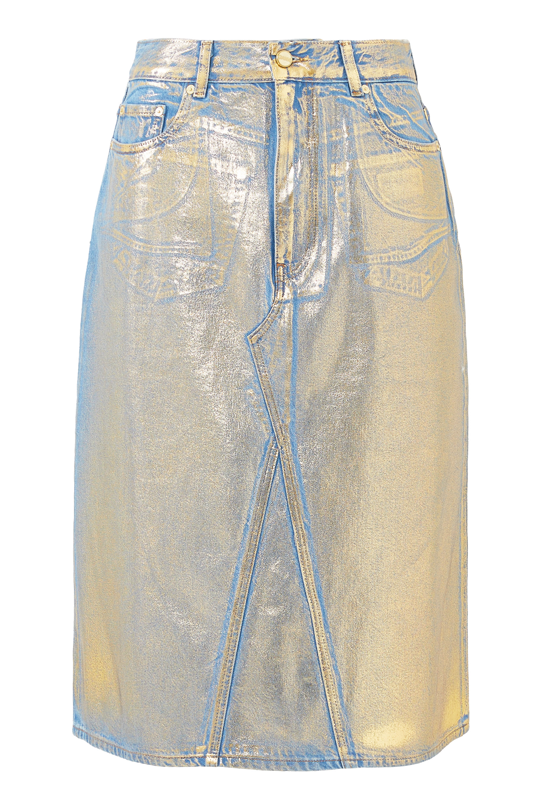 Gold Foil Denim Midi Skirt