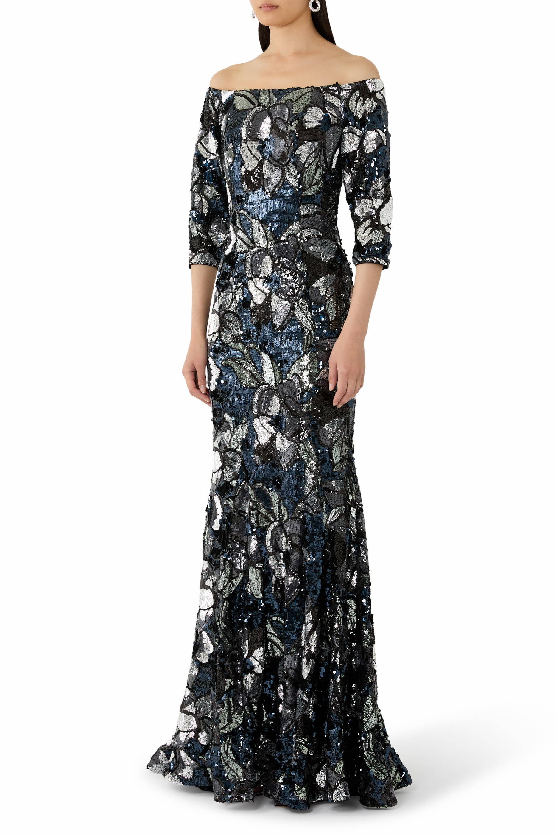 Off-Shoulder Sequin Floral Gown