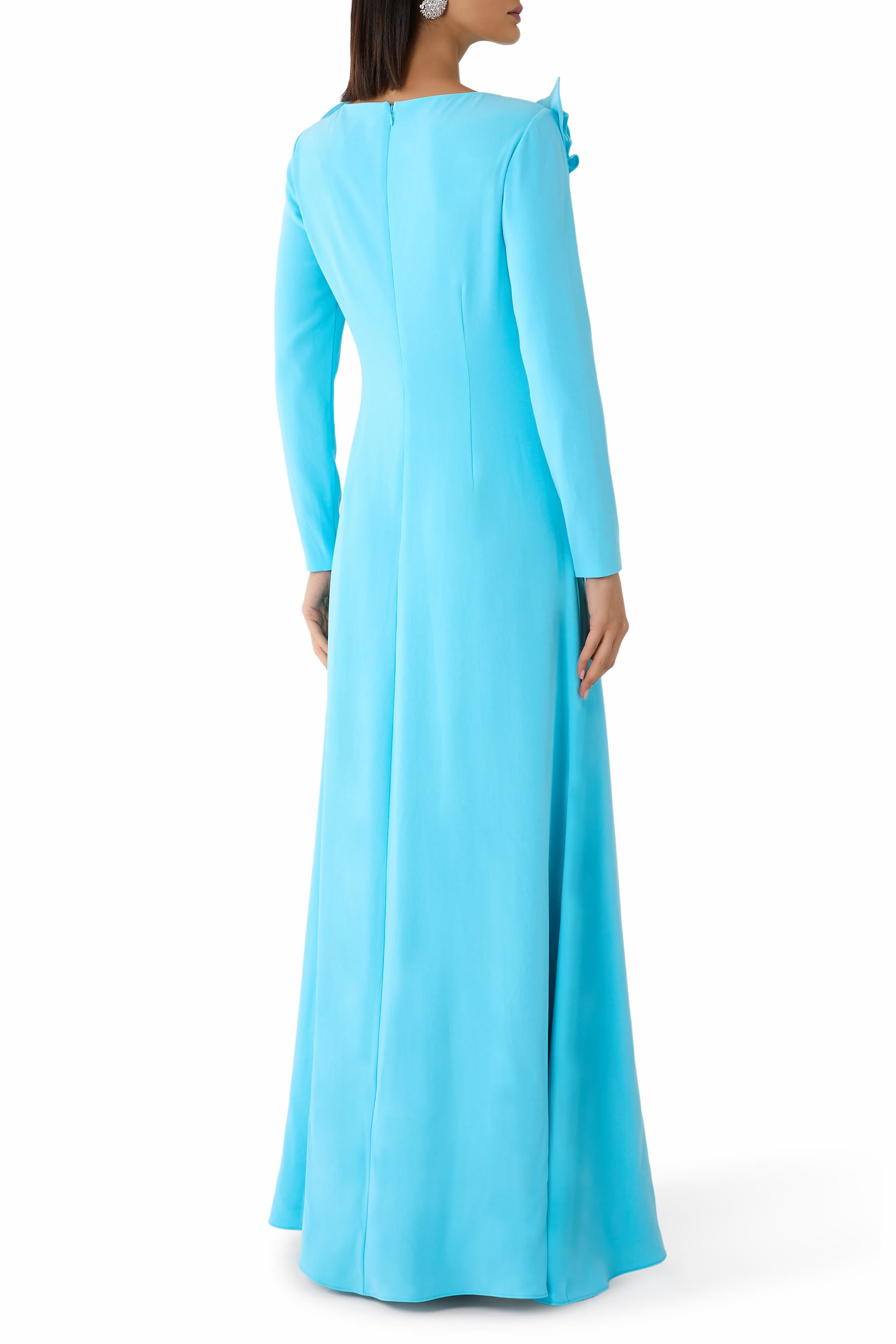 3D Draped Flower Neckline Long Sleeve Gown