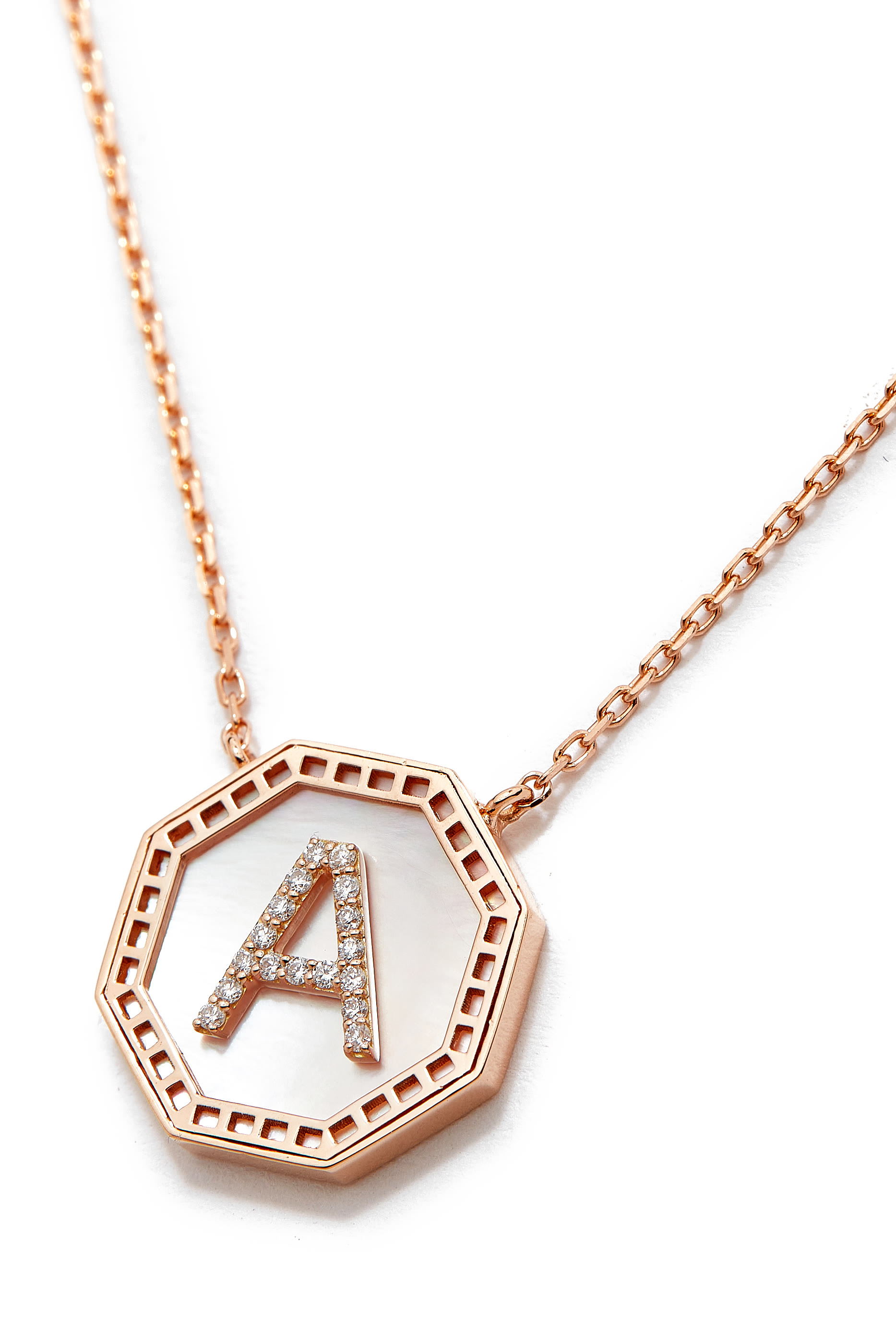 Harf Turath Letter A Pendant Necklace, 18k Rose Gold, Diamonds & Mother of Pearl