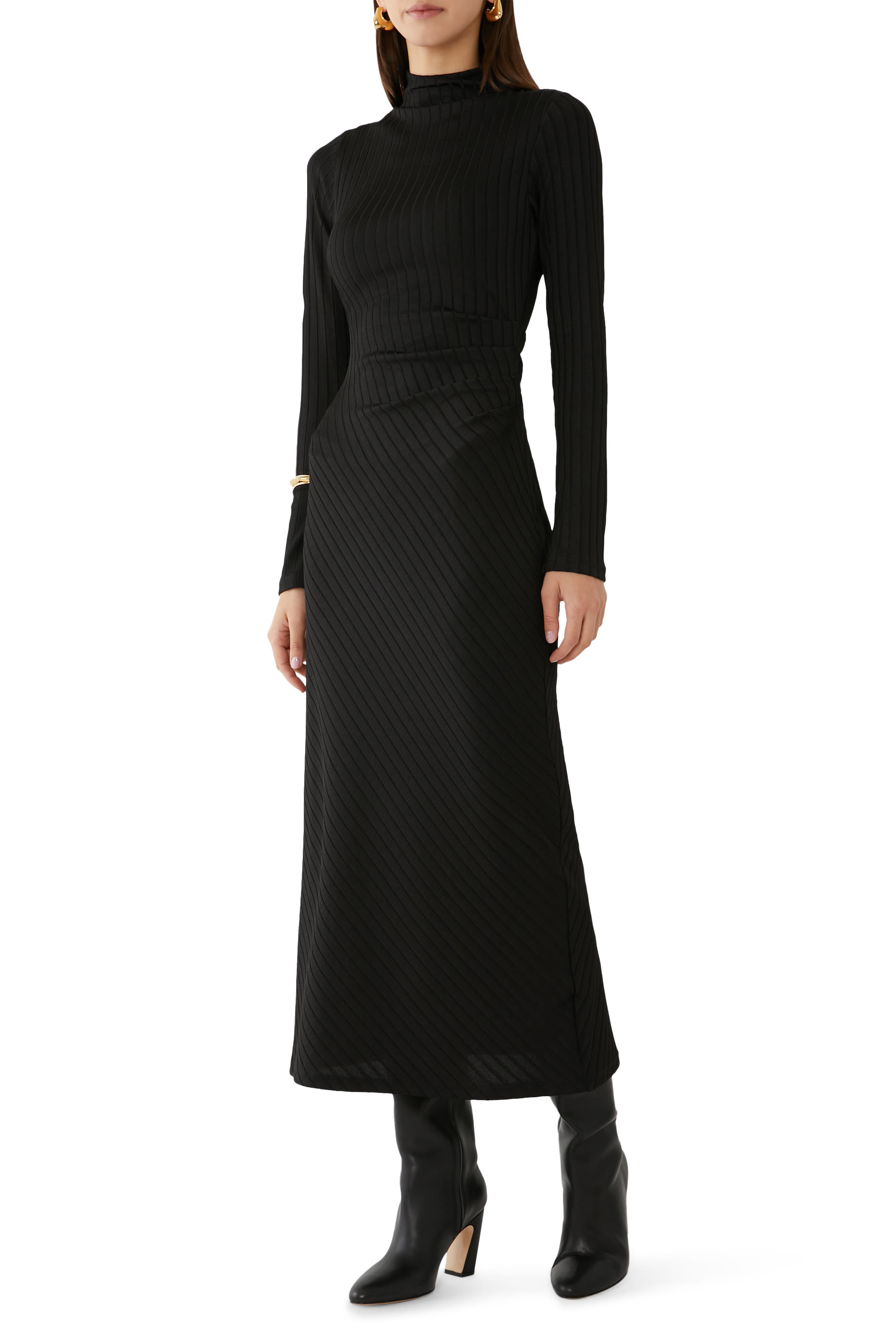 Rib Funnel Neck Midi Dress