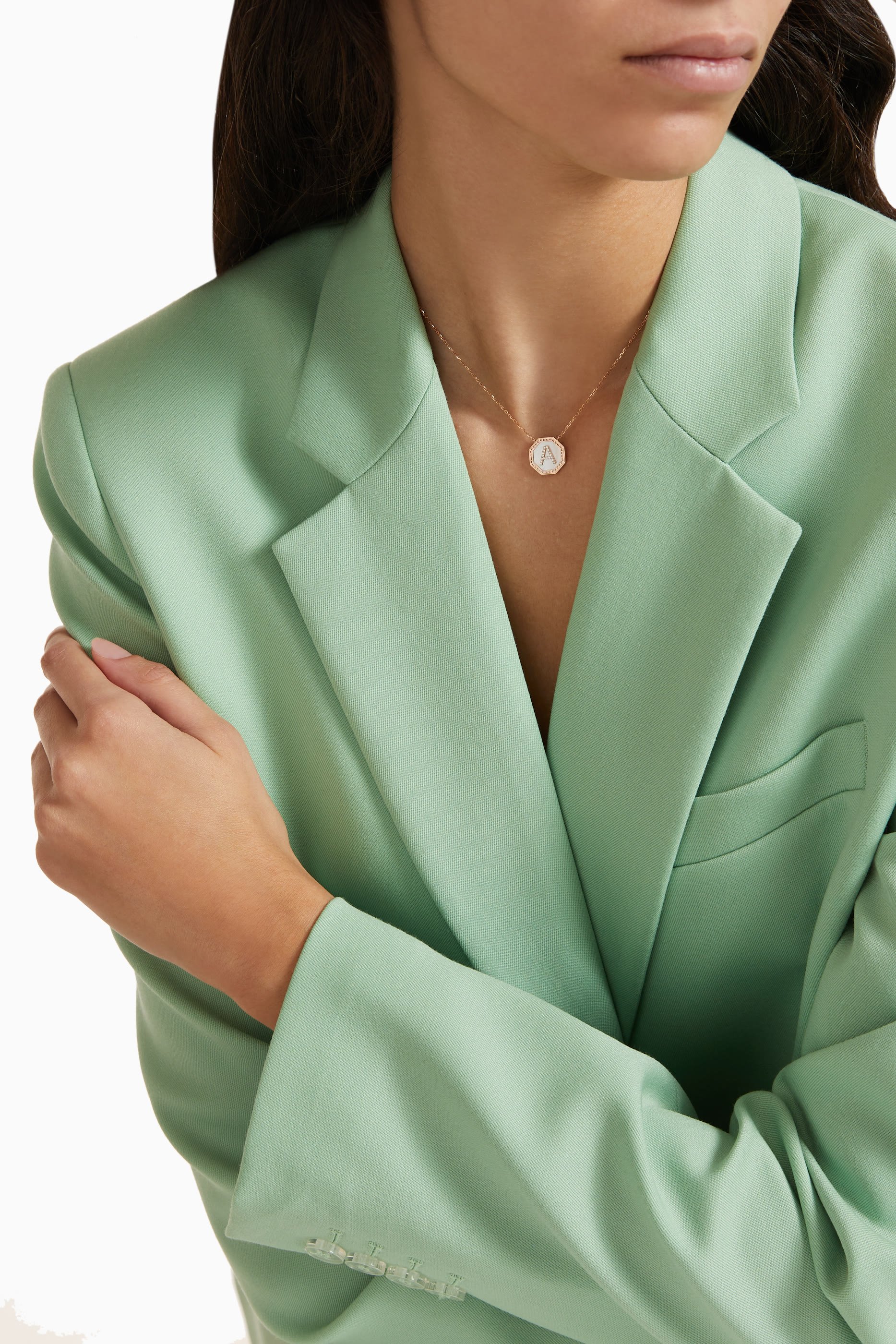 Harf Turath Letter A Pendant Necklace, 18k Rose Gold, Diamonds & Mother of Pearl