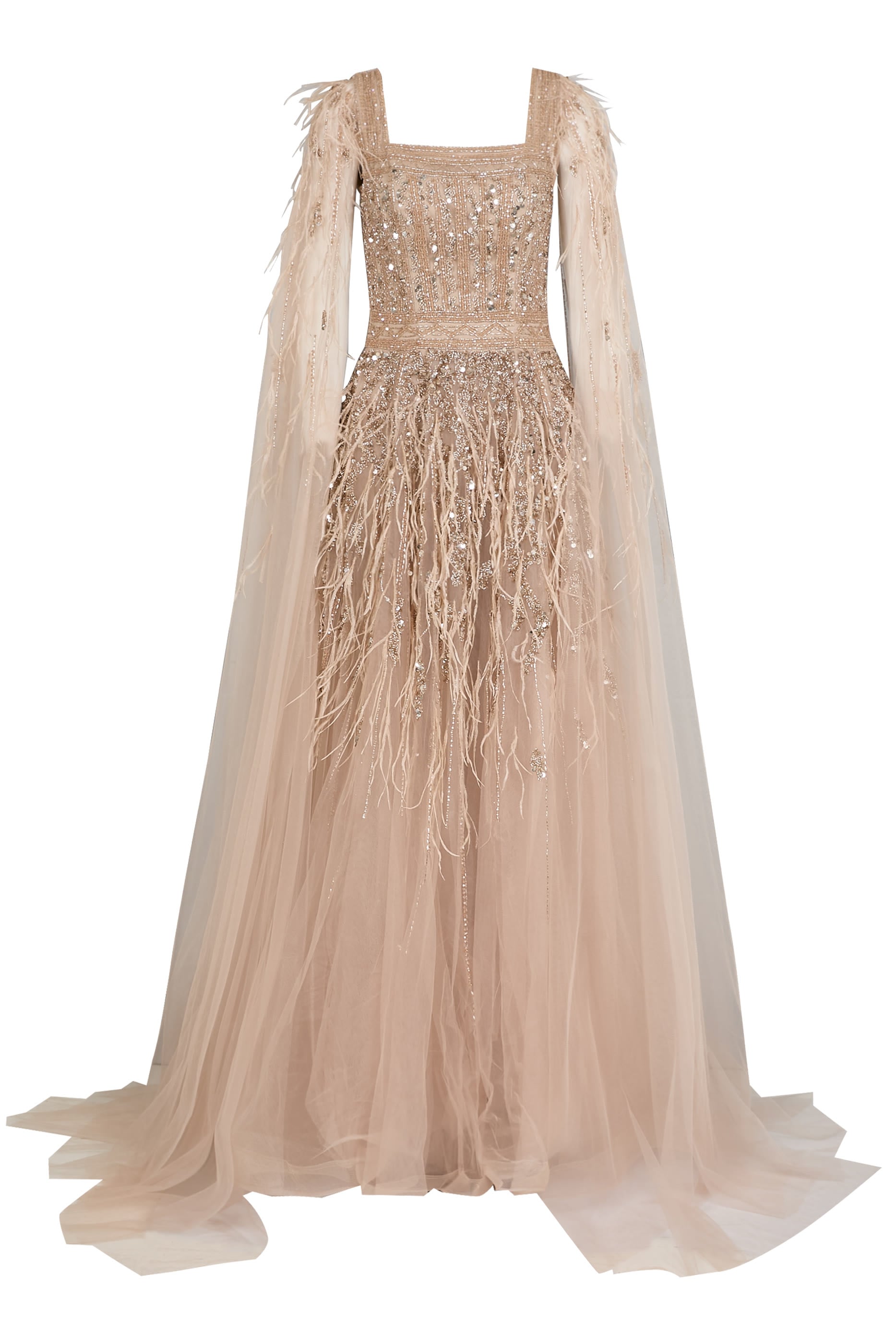 Feathered Cape Sleeves Gown