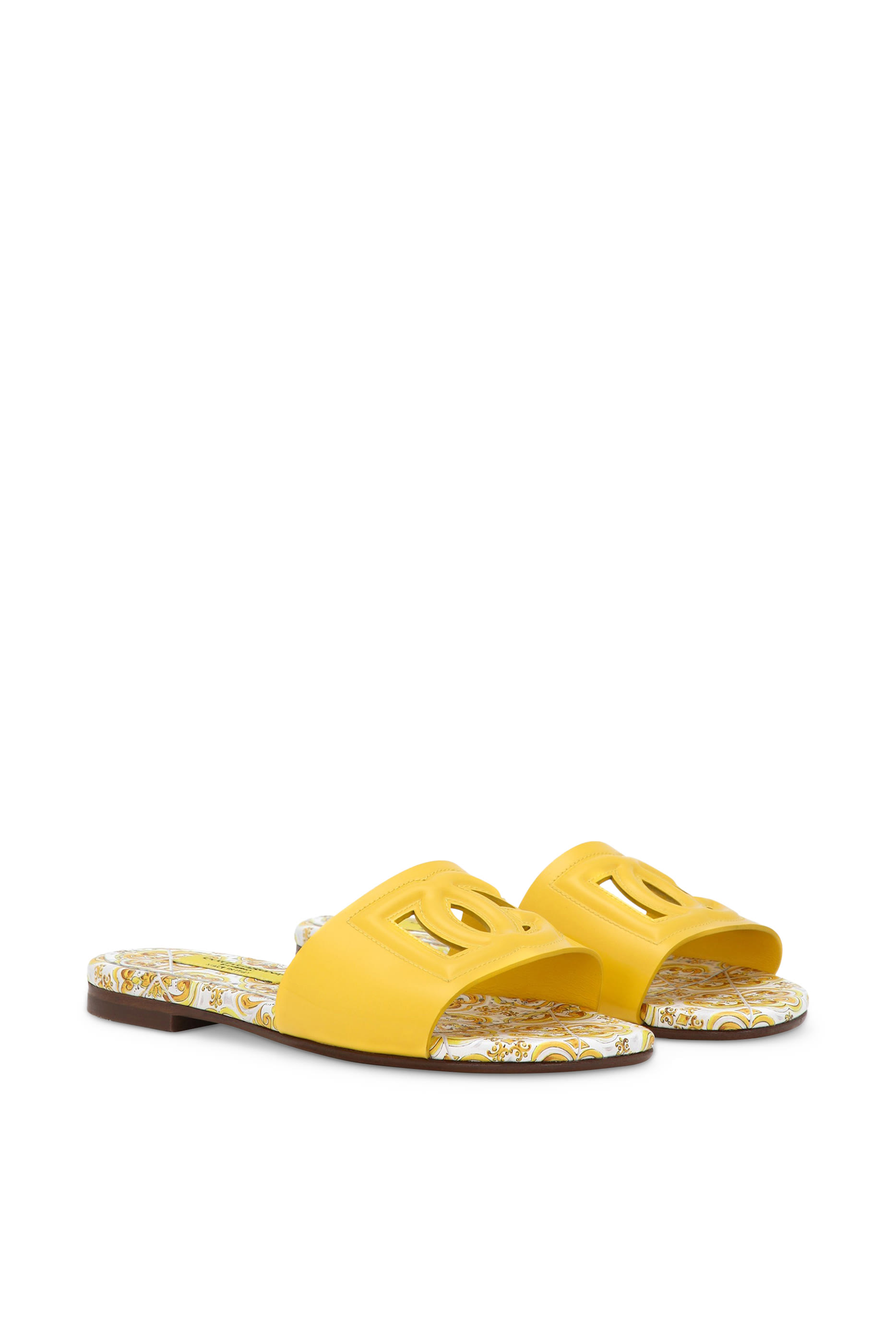 Kids Yellow Majolica Print and Cut-Out DG Detail Patent Leather Slides