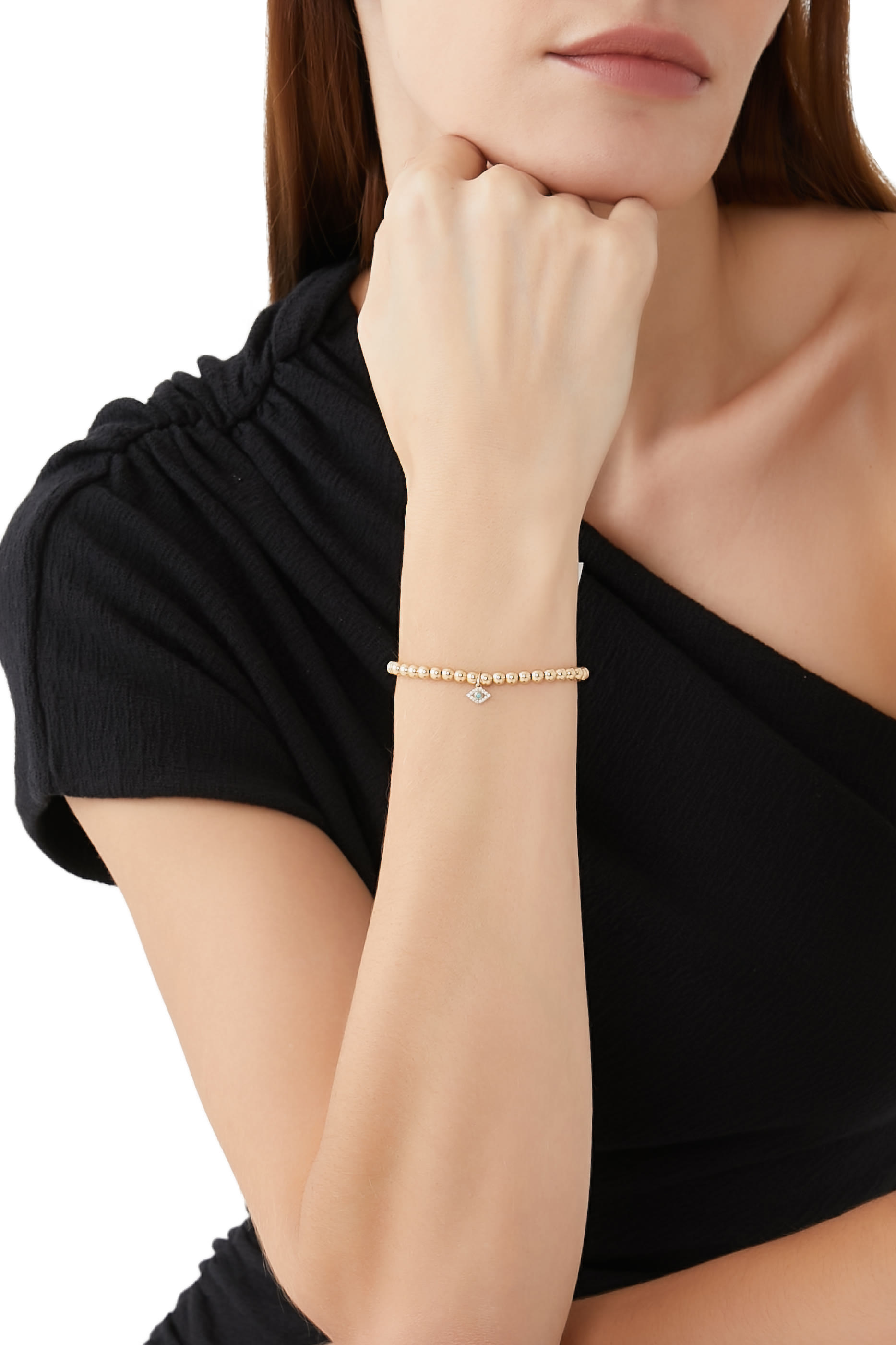 Evil Eye Charm Beaded Bracelet, 14k Yellow Gold with Diamonds & Turquoise