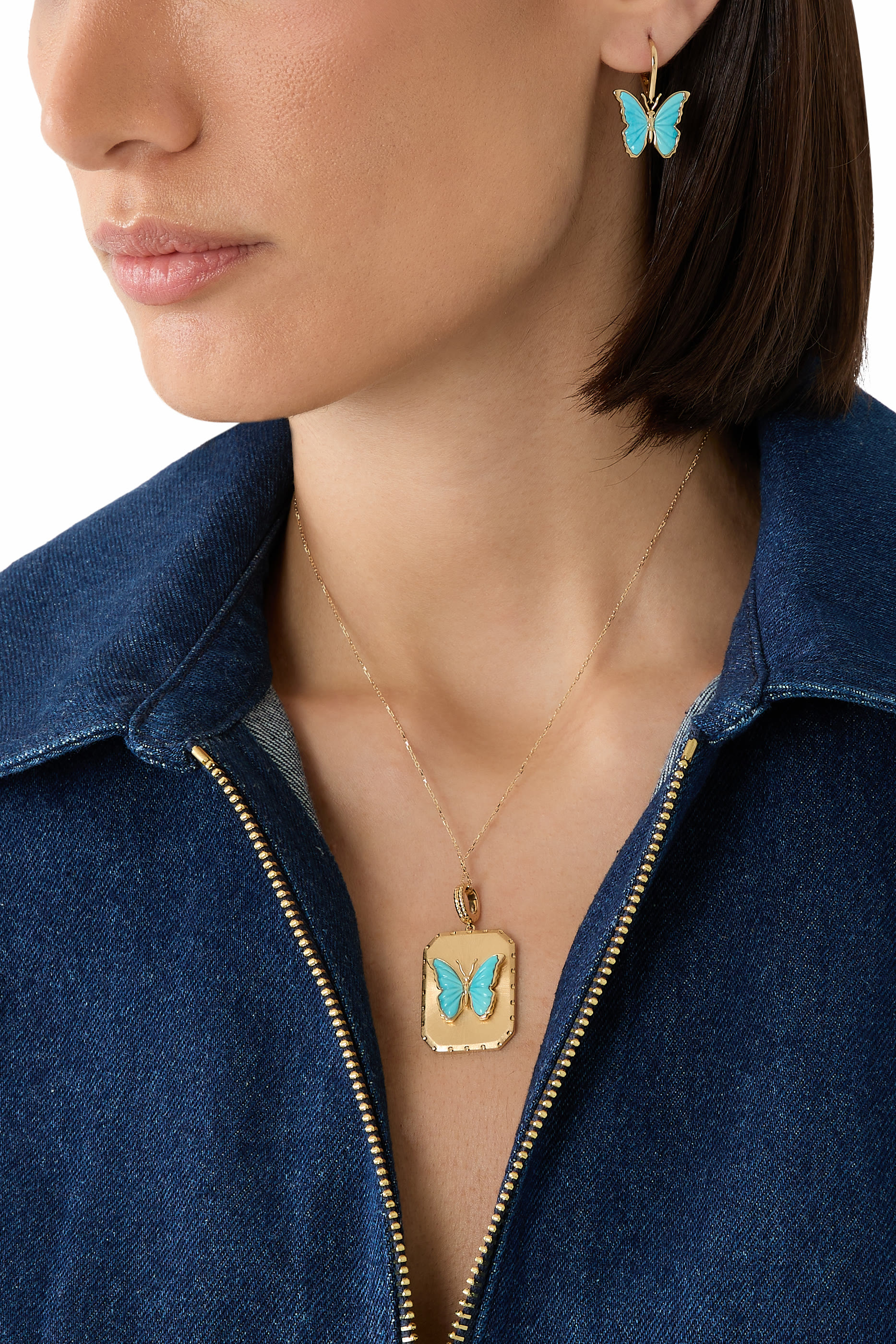 Butterfly Brushed Charm, 18K Yellow Gold & Turquoise