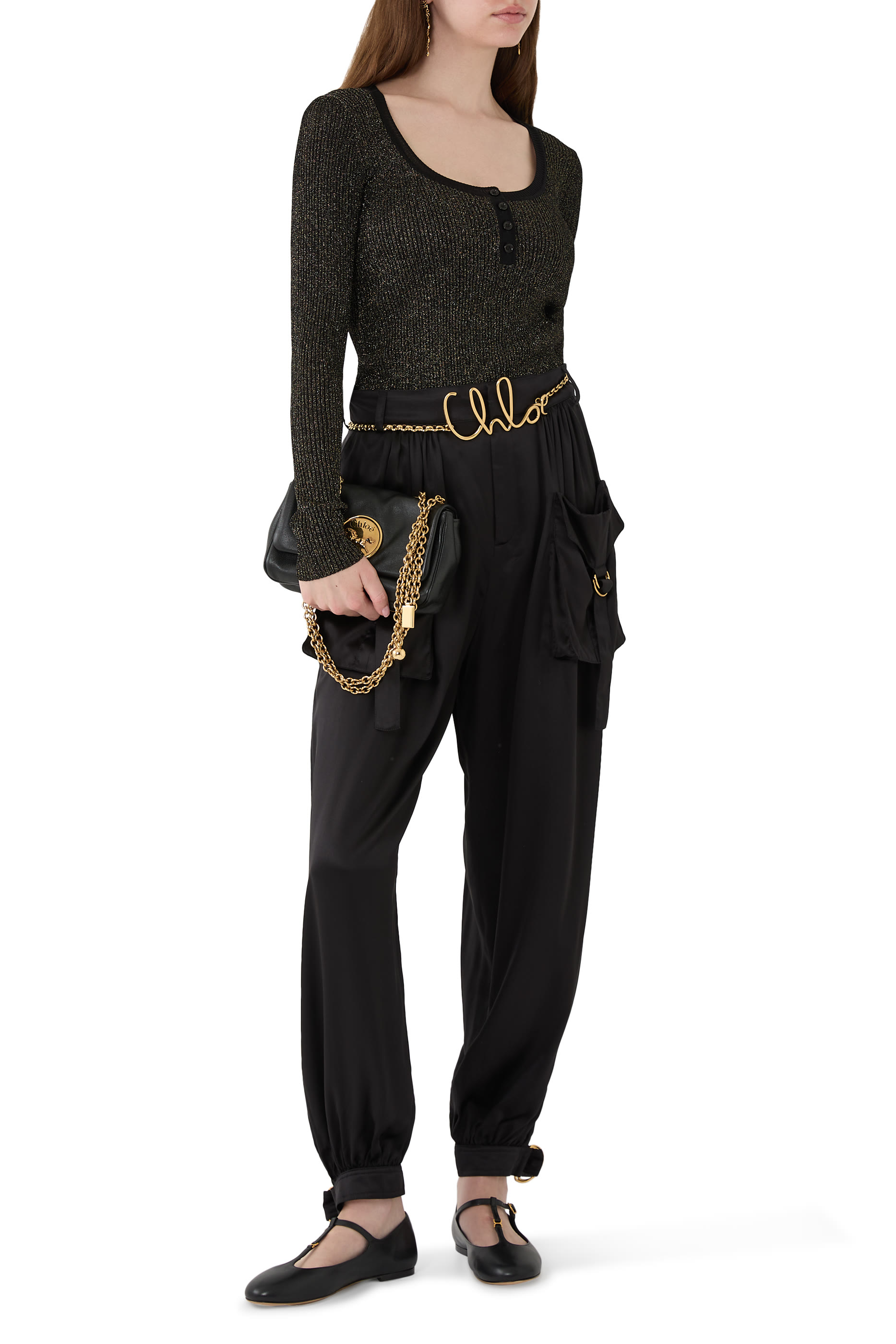 Long-Sleeve Fitted Top in Lurex Wool Knit