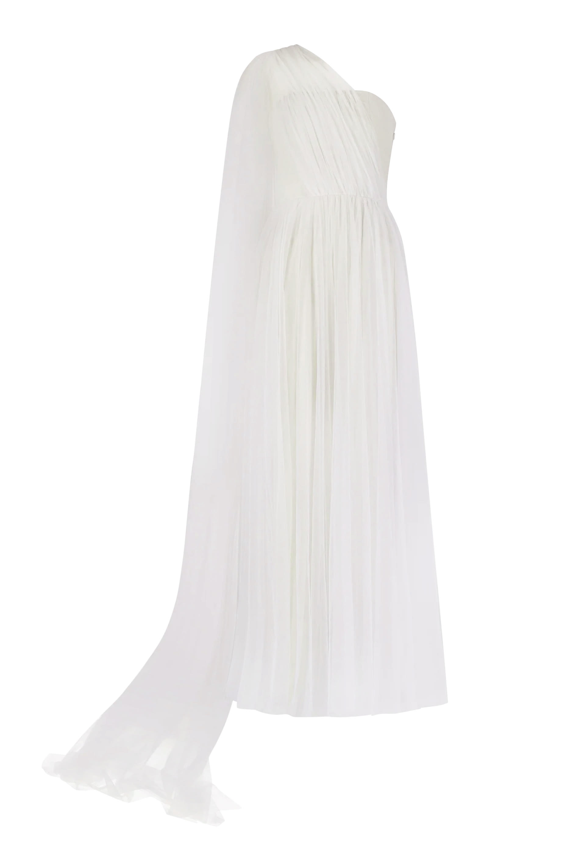 Asymmetrical Tulle Draped Gown with Side Train