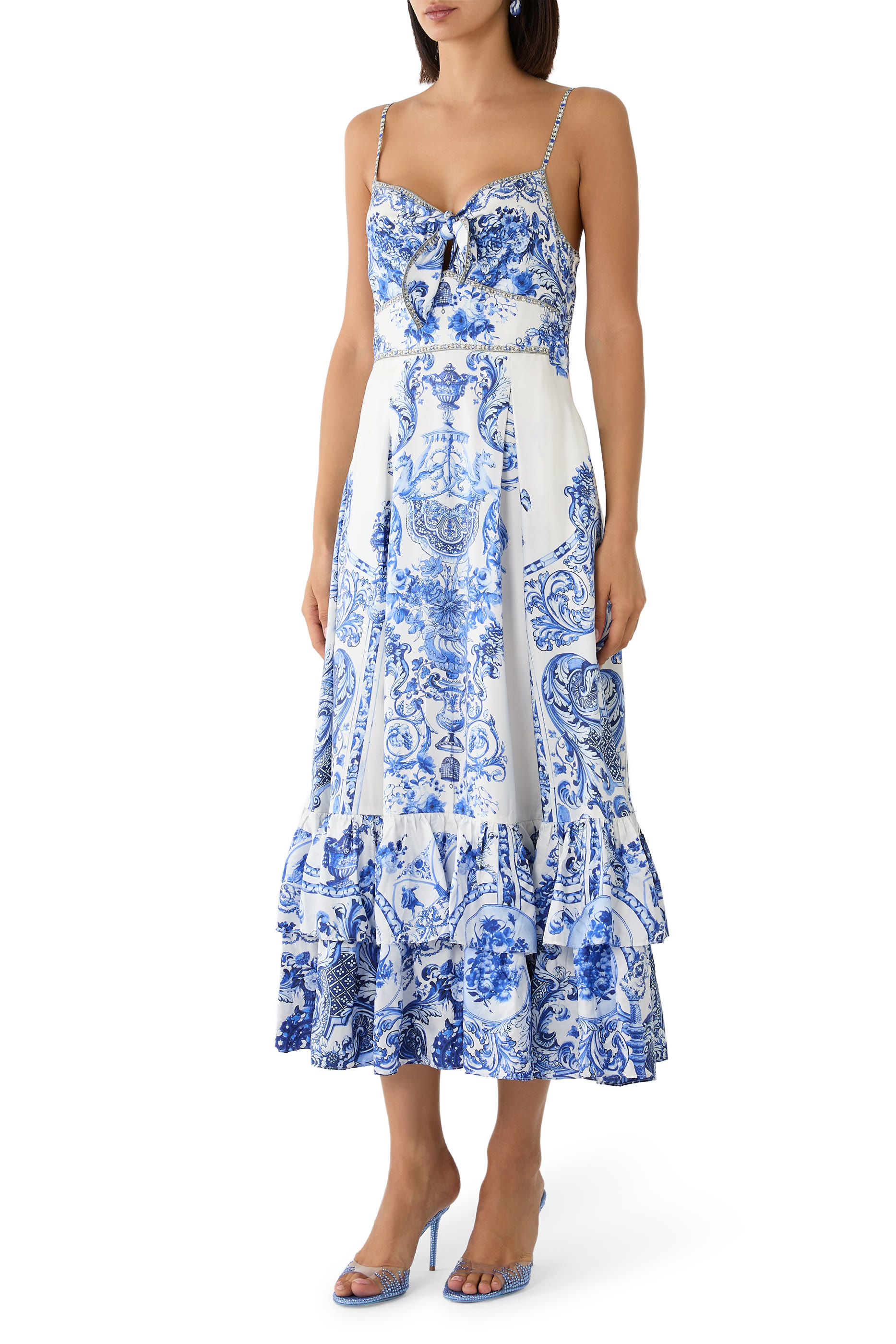 Ruffle Hem Tie-Front Midi Dress