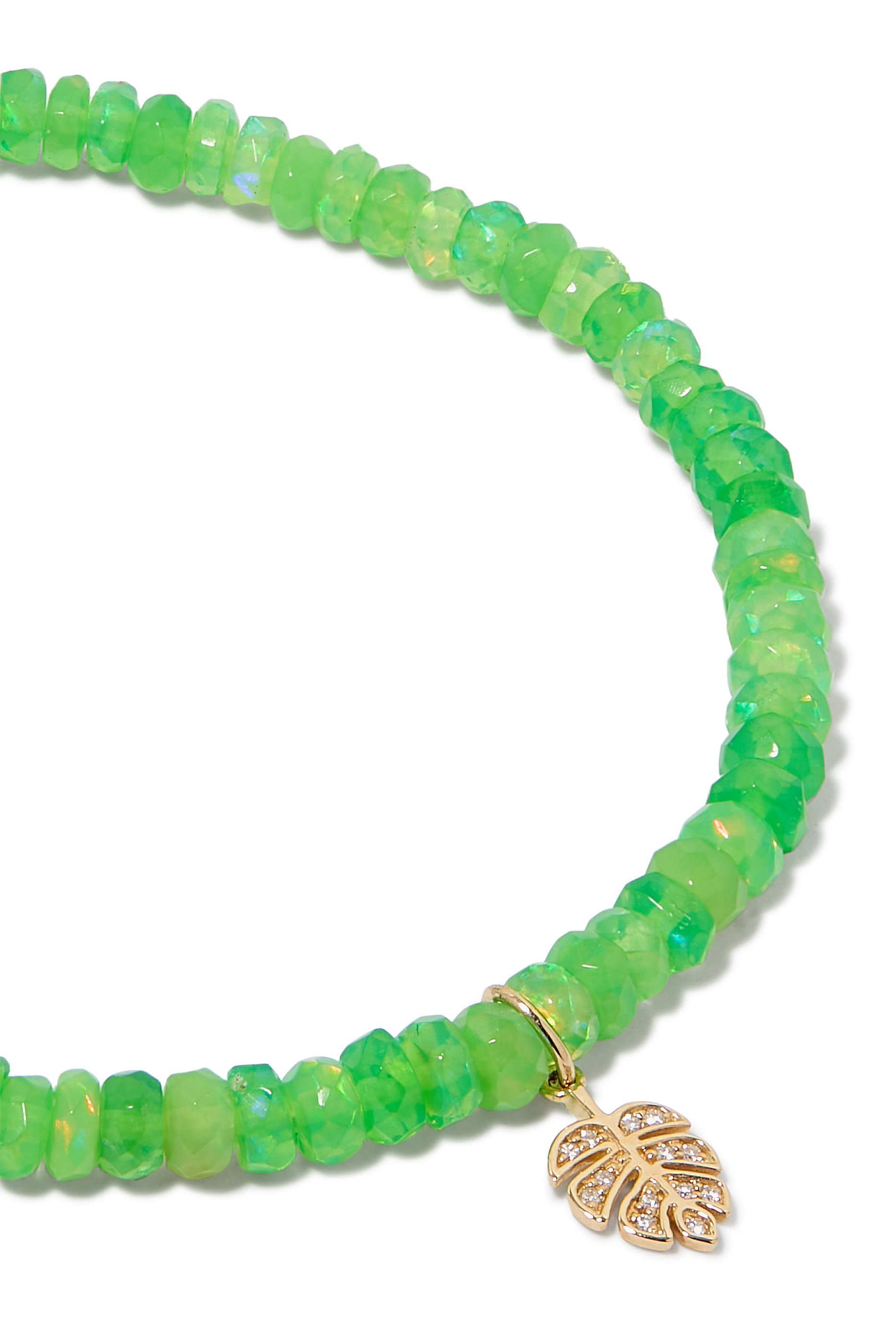 Tiny Monstera Leaf Charm Beaded Bracelet, 14k Yellow Gold & Diamonds, Ethiopian Opal