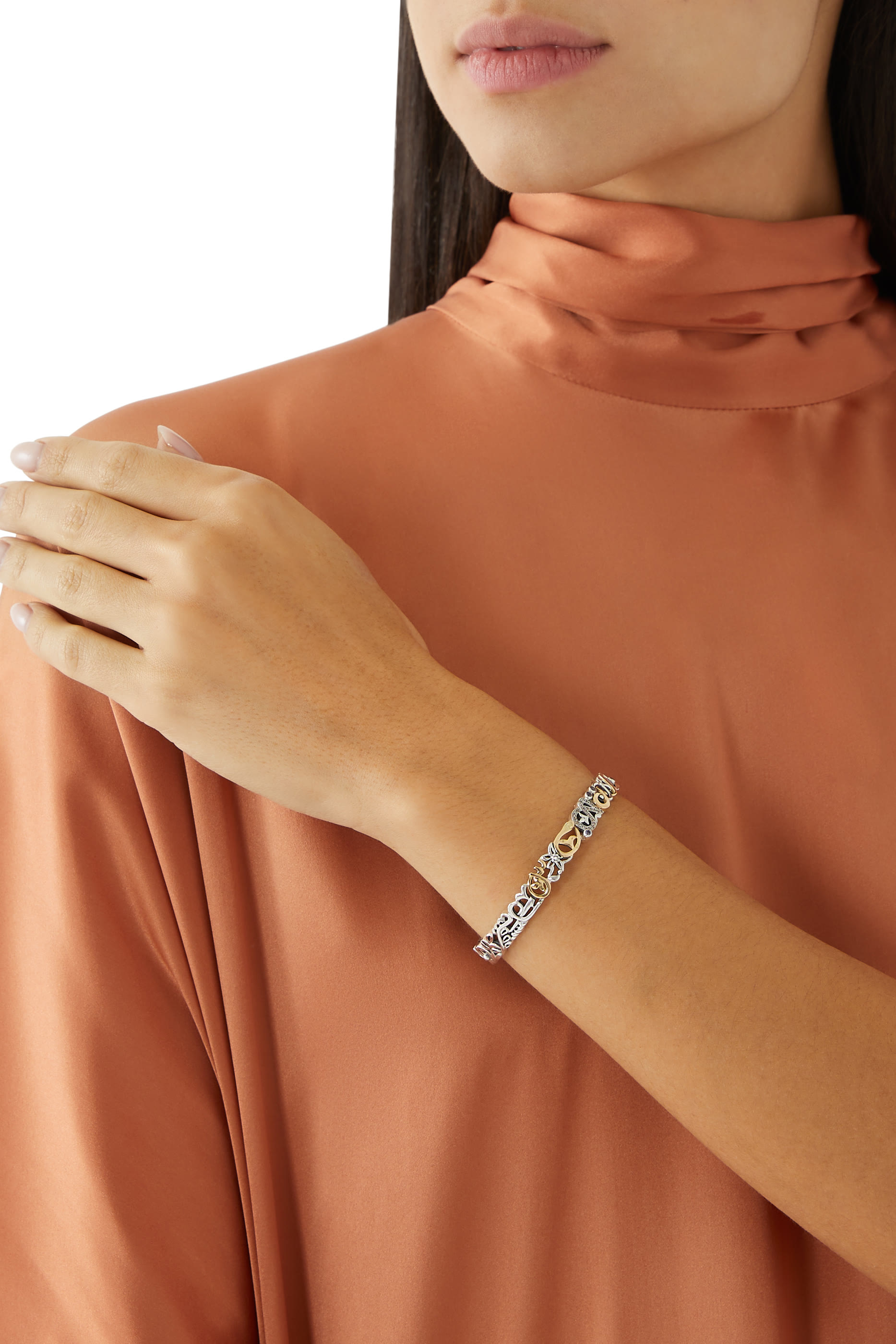 Tales of Calligraphy Bangle, 18k Gold with Sterling Silver & Champagne Diamonds