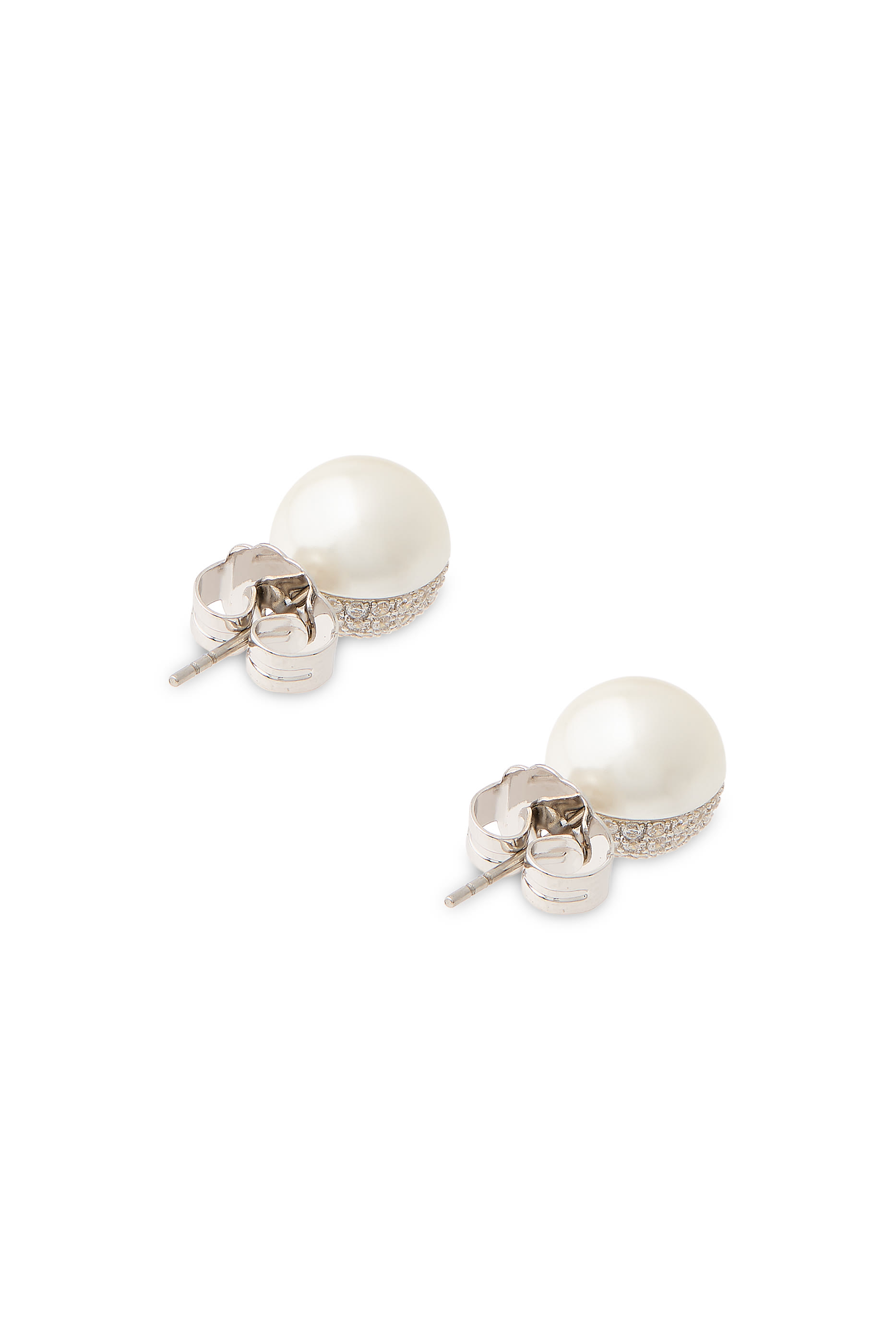 CZ and Pearl Split Stud Earrings, Rodhium, Cubic Zirconia & Glass Pearl