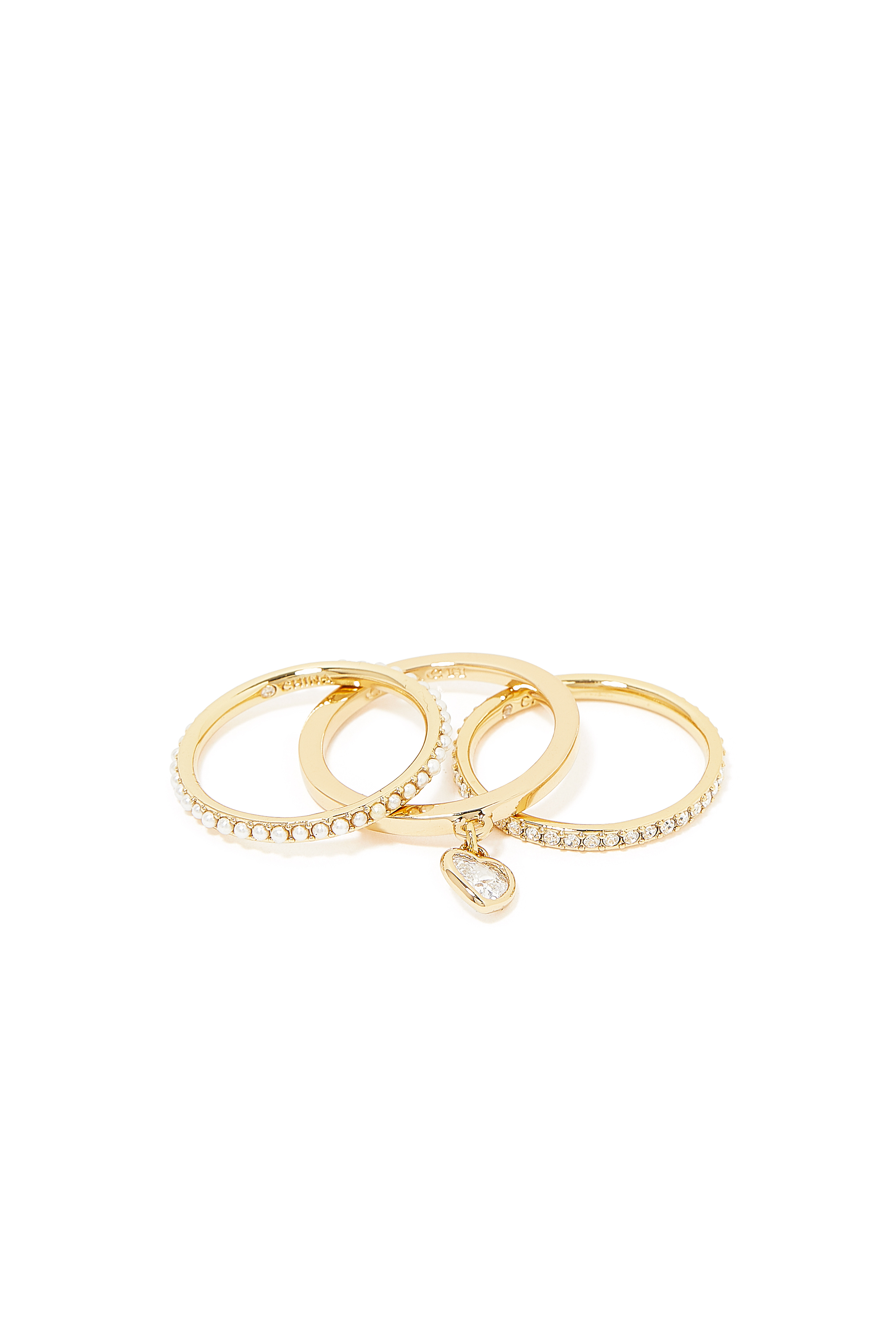 Heart Charm Ring Set, Gold-Plated Brass & Pearls, Crystals