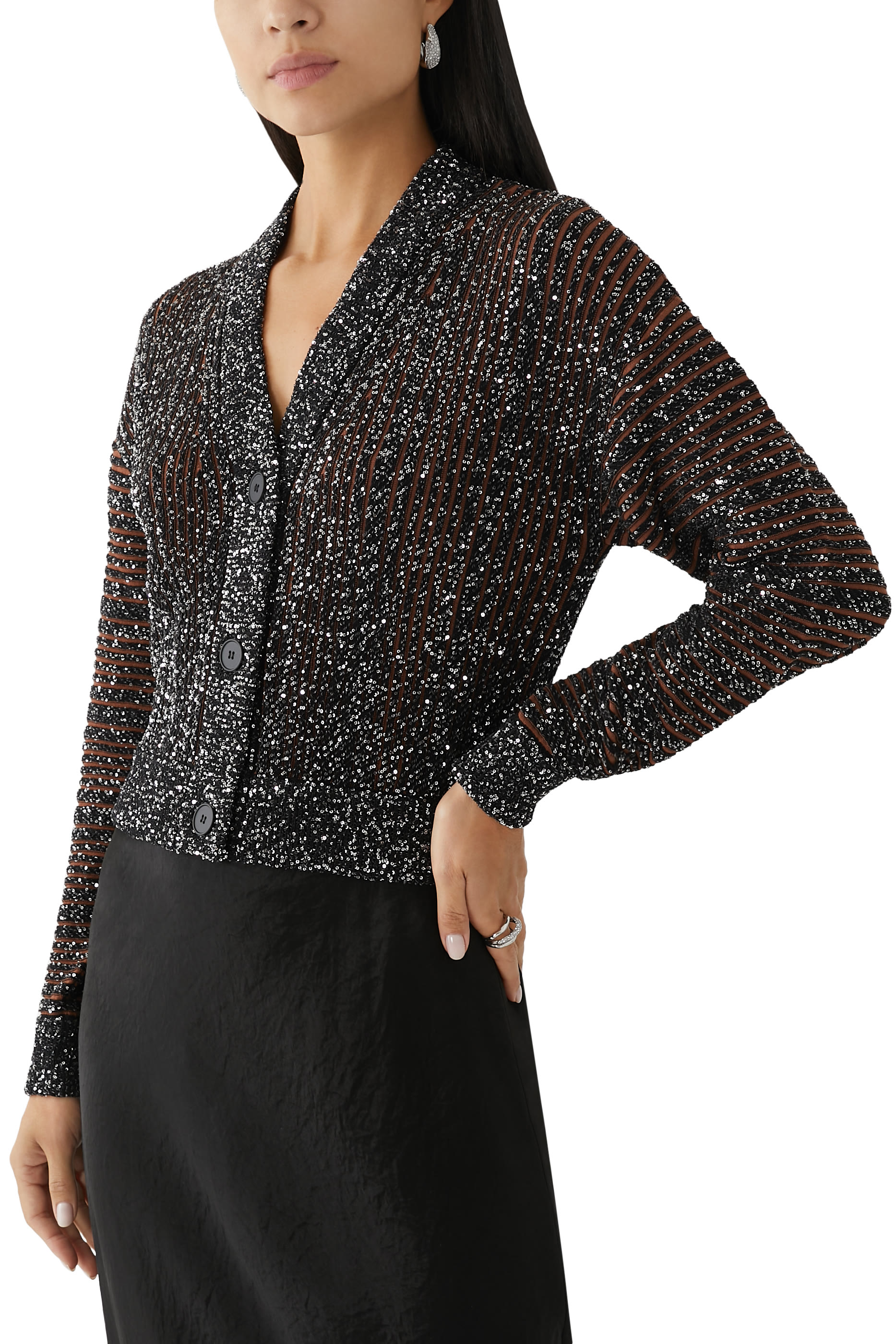 Partialized Knit Sequinned Long Sleeve Buttoned Cardigan