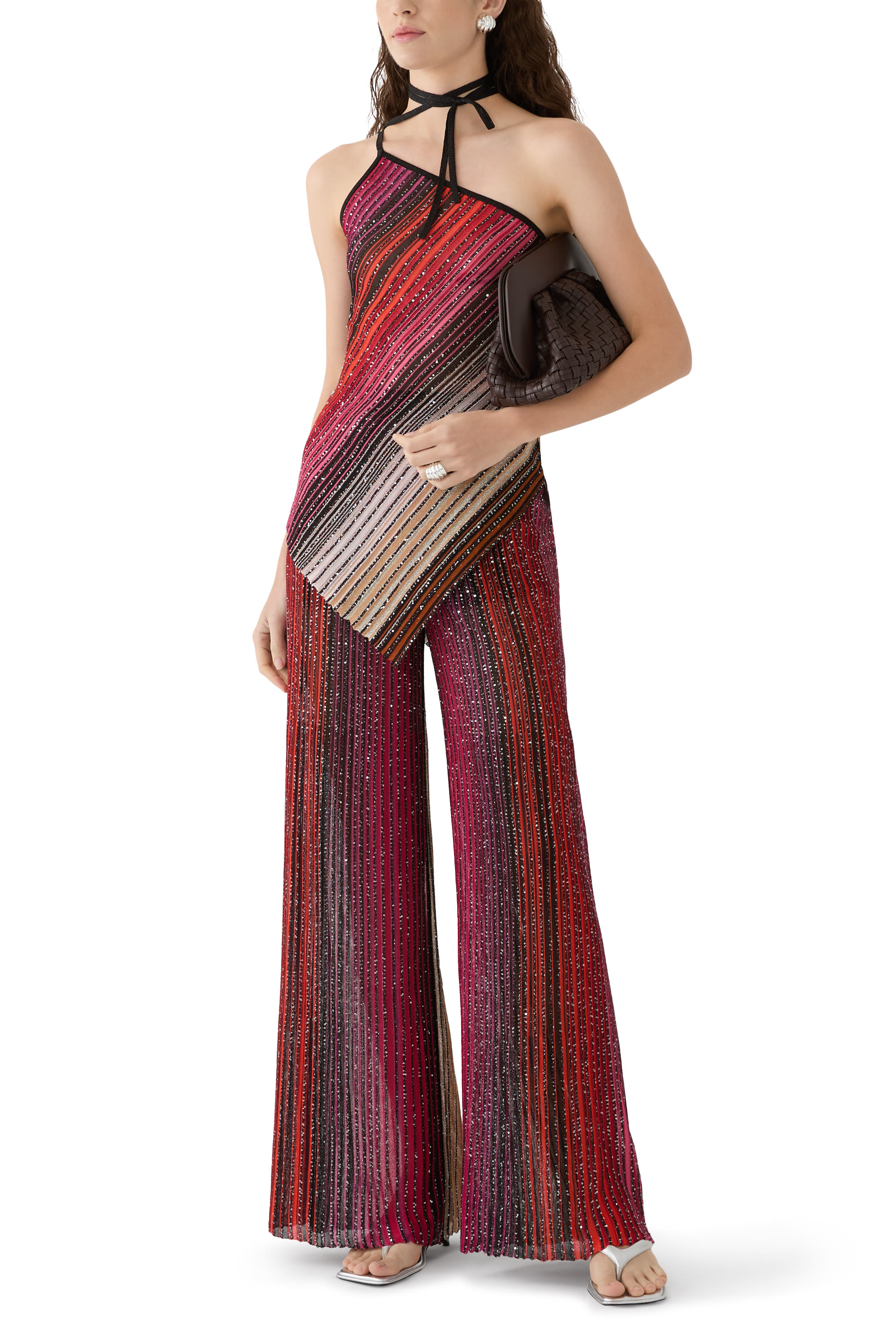 Asymmetrical One-Shoulder Partial Striped Top with Sequins