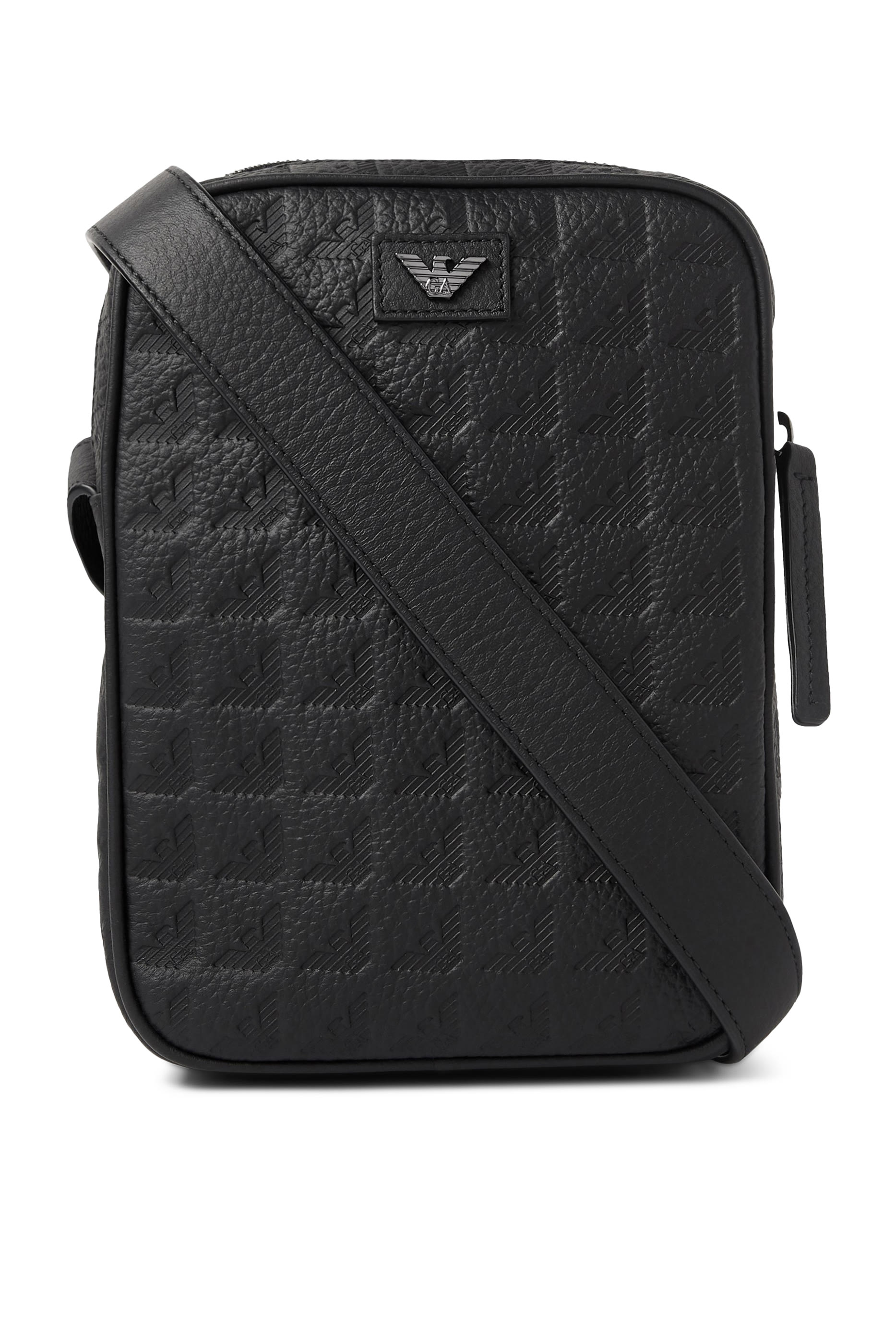 Flat Leather Shoulder Bag with All-Over Embossed Eagle