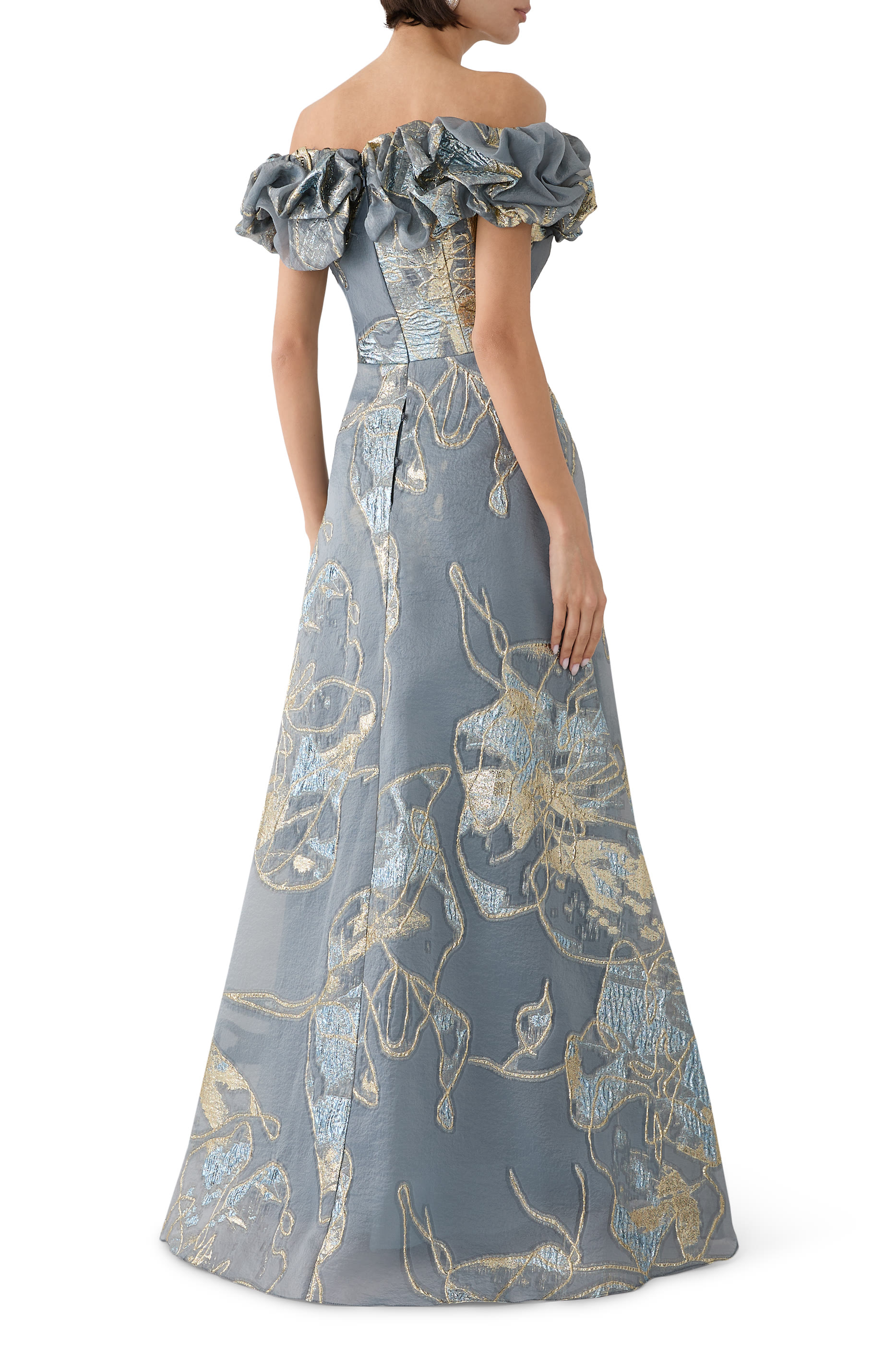 Jacquard Scrunch Bodice Off Shoulder Gown