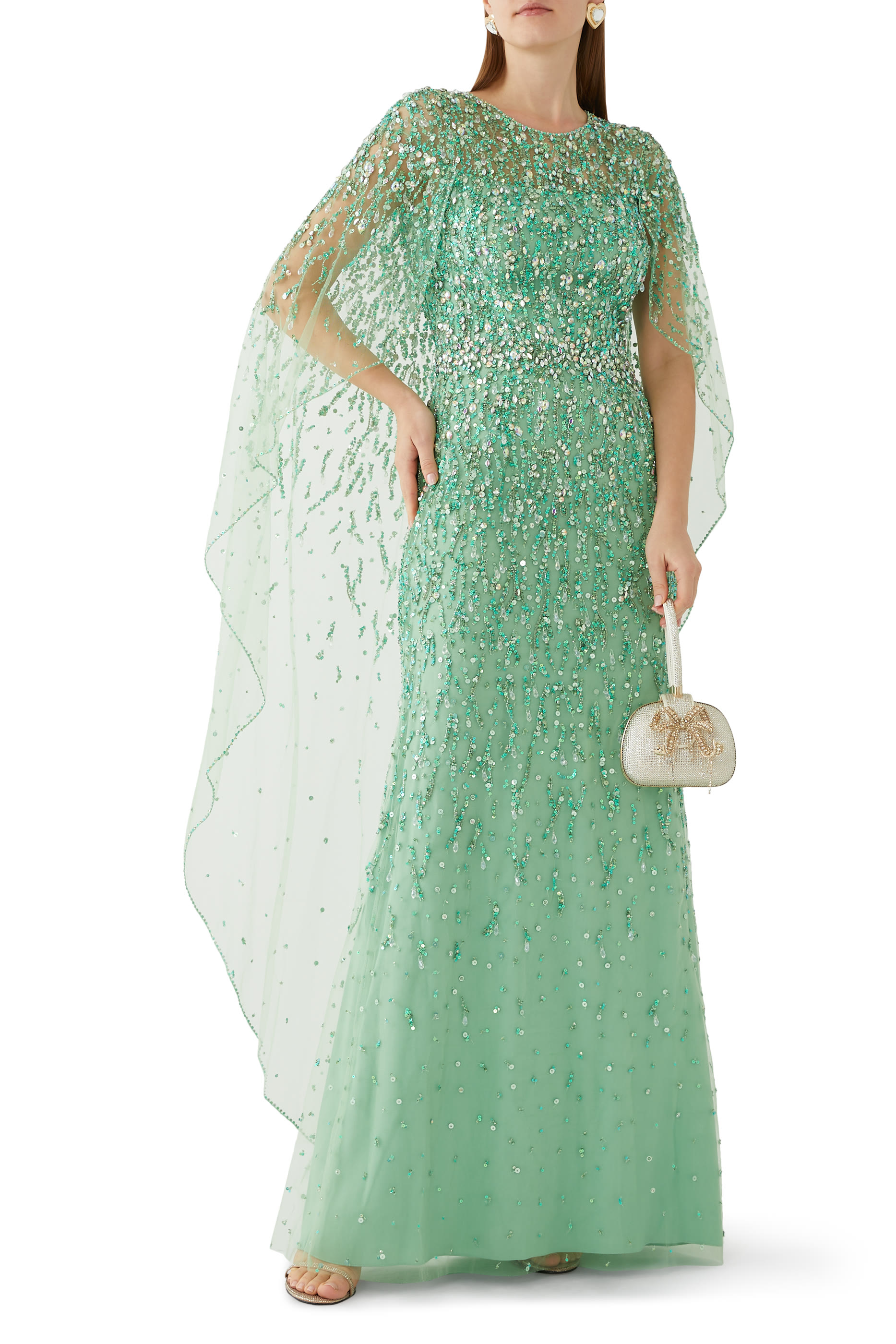 Marano 3/4 Cape Sleeve Embellished Gown