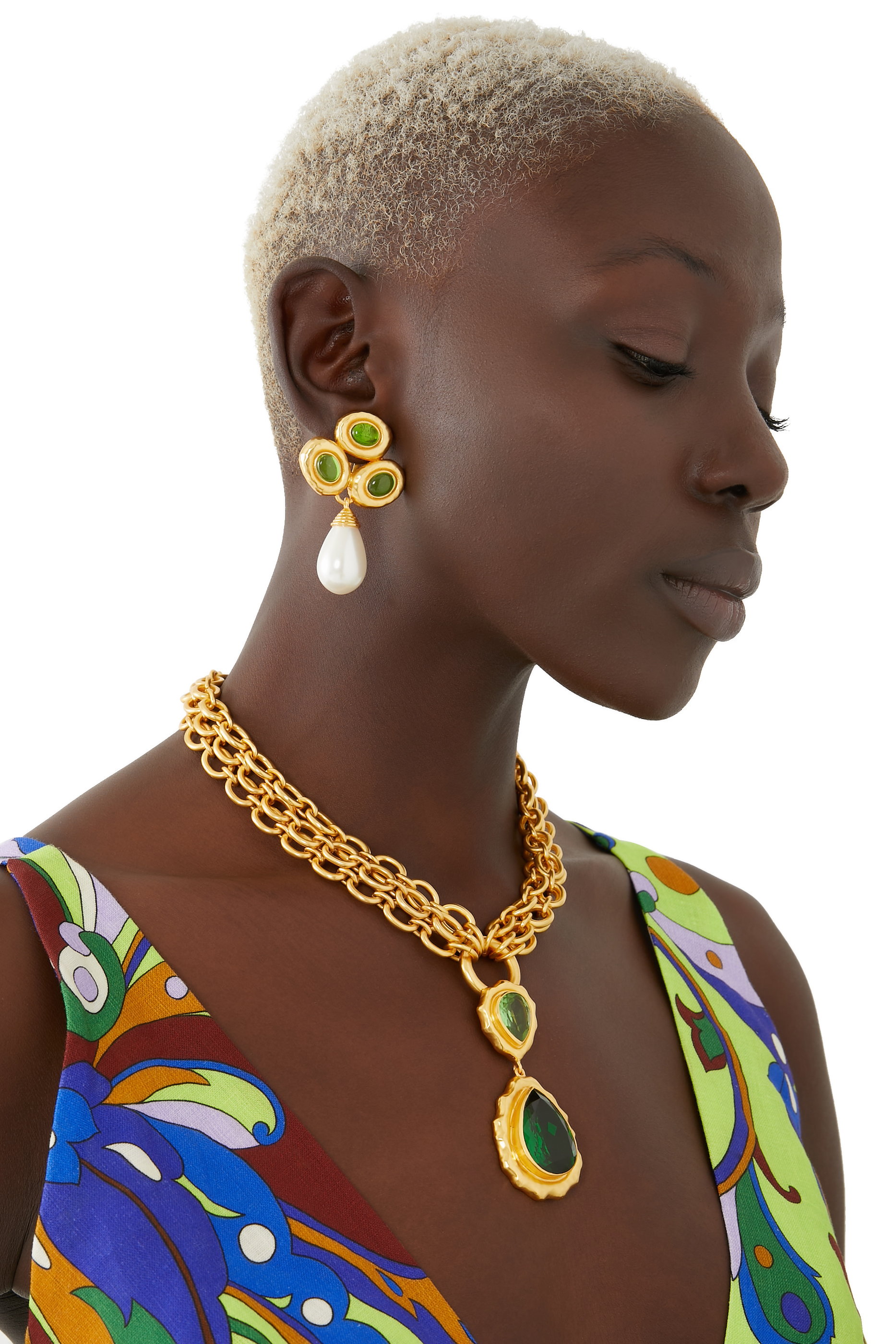 Ava Earrings, 24k Yellow Gold-Plated Brass with Green Turquoise & Pearl