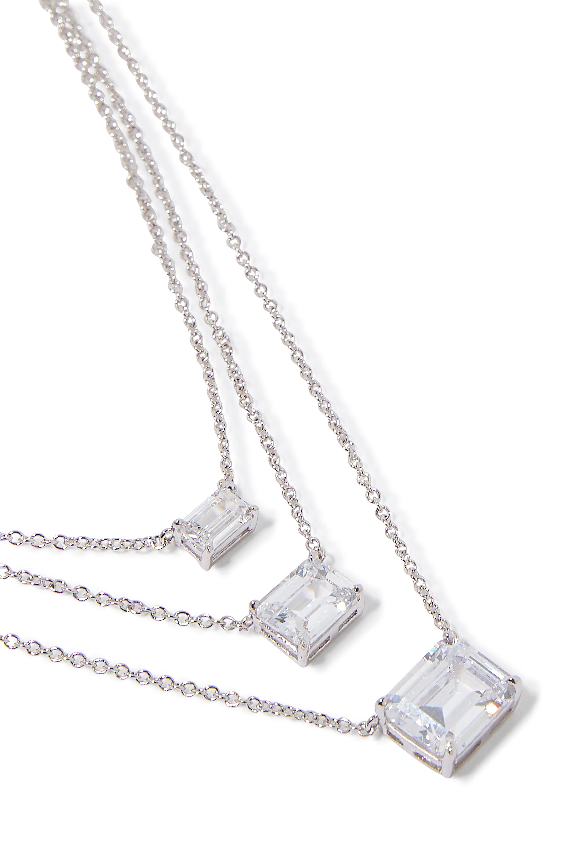  Triple Layered Pendant Necklace, Rhodium Plated Brass & Cubic Zirconia