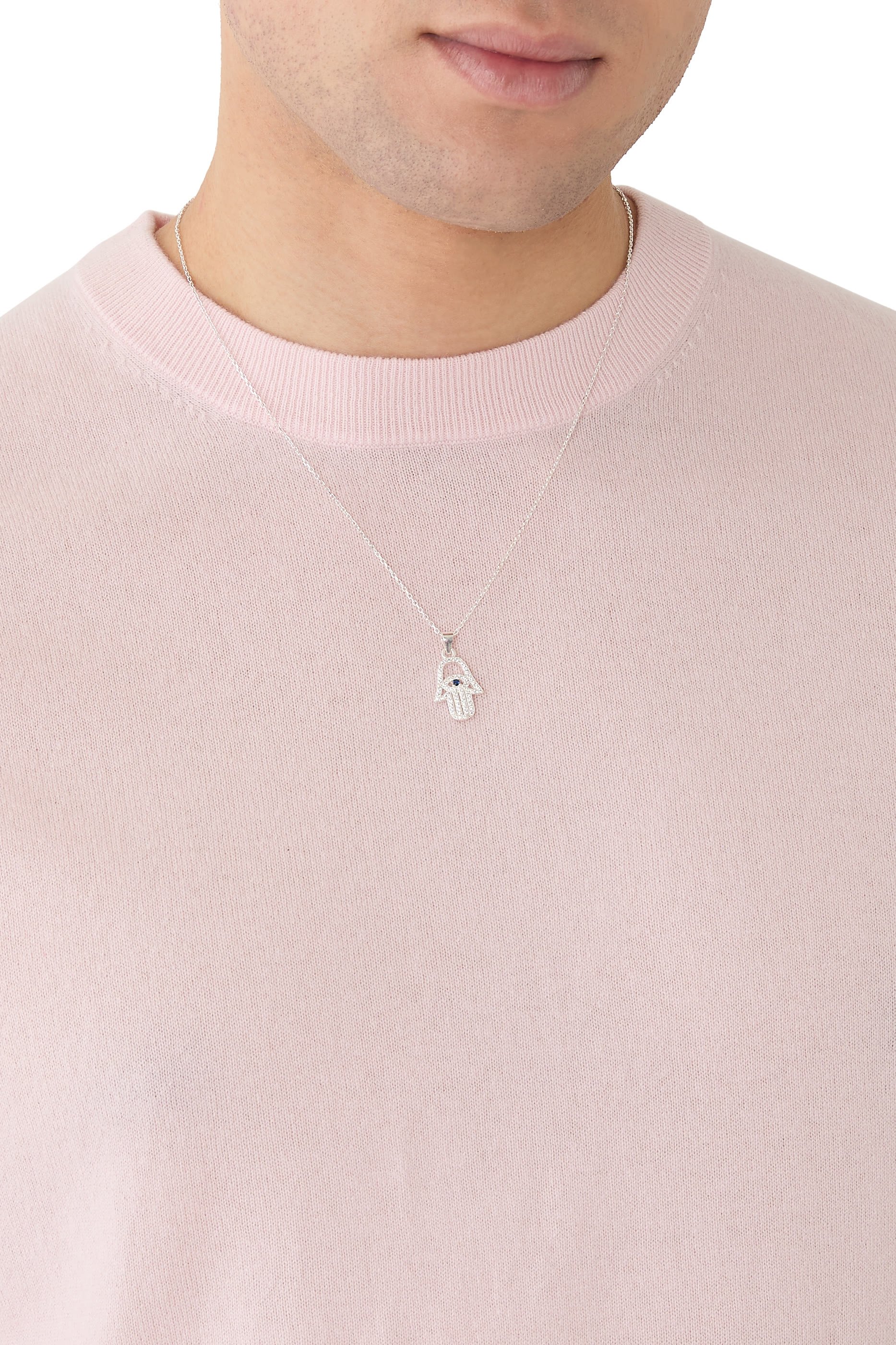  Studded Hamsa Necklace, Sterling Silver & Round cut 5A Cubic Zirconia