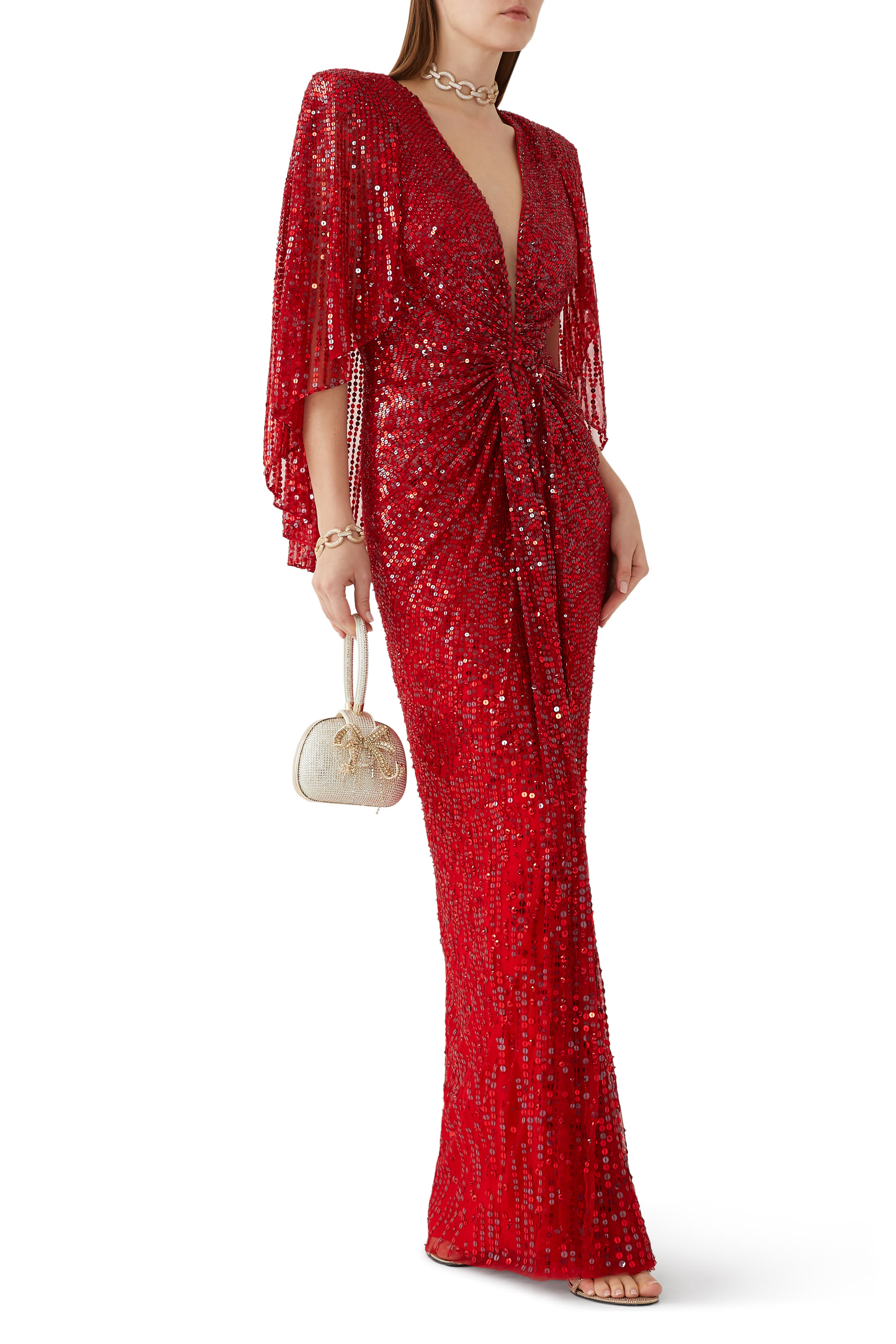 Loire V Neck Cape Sleeve Embellished Gown