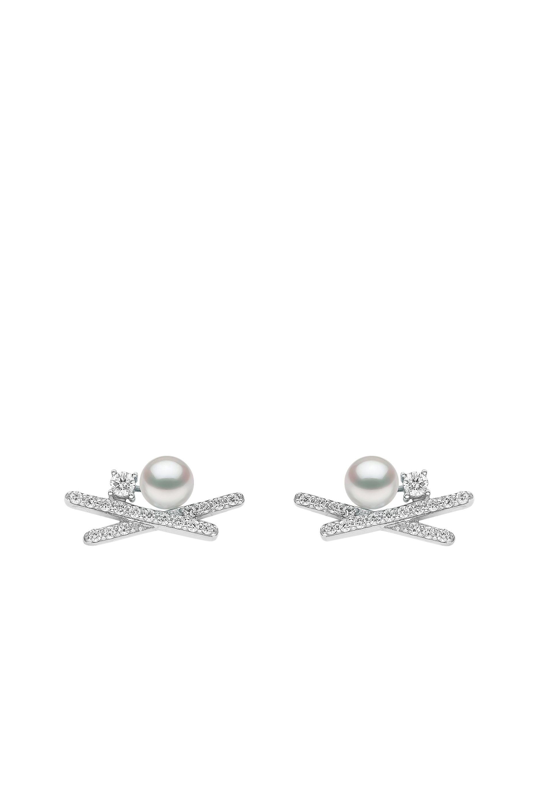 Sleek Cross Earrings, 18k White Gold with Akoya Pearls & Diamonds