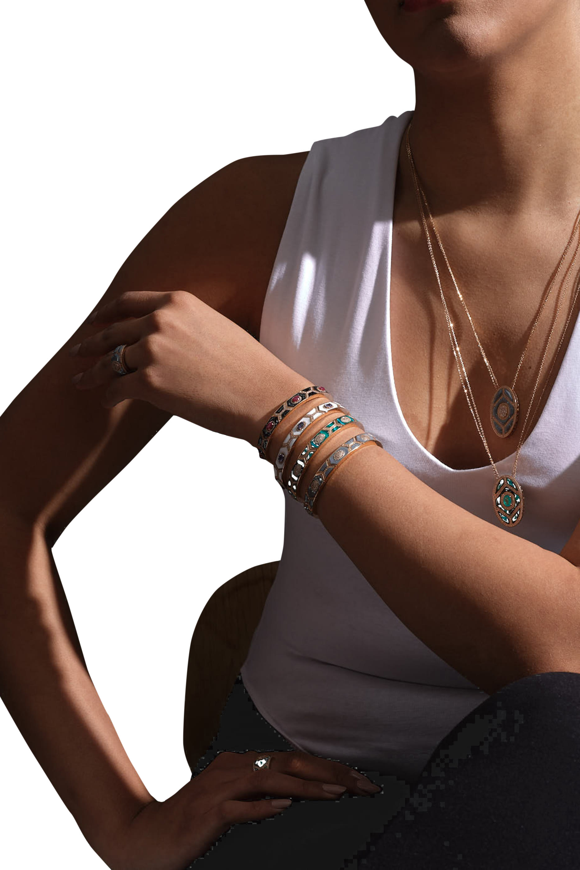 Shield Bracelet, 18k Rose Gold with Enamel, Diamonds & Ruby