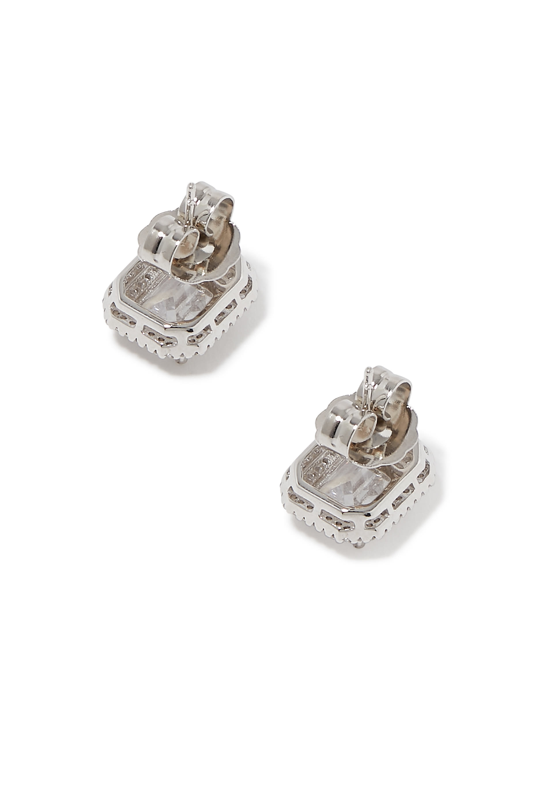 Emerald Double Halo Studs, Rhodium-Plated Brass & Cubic Zirconia