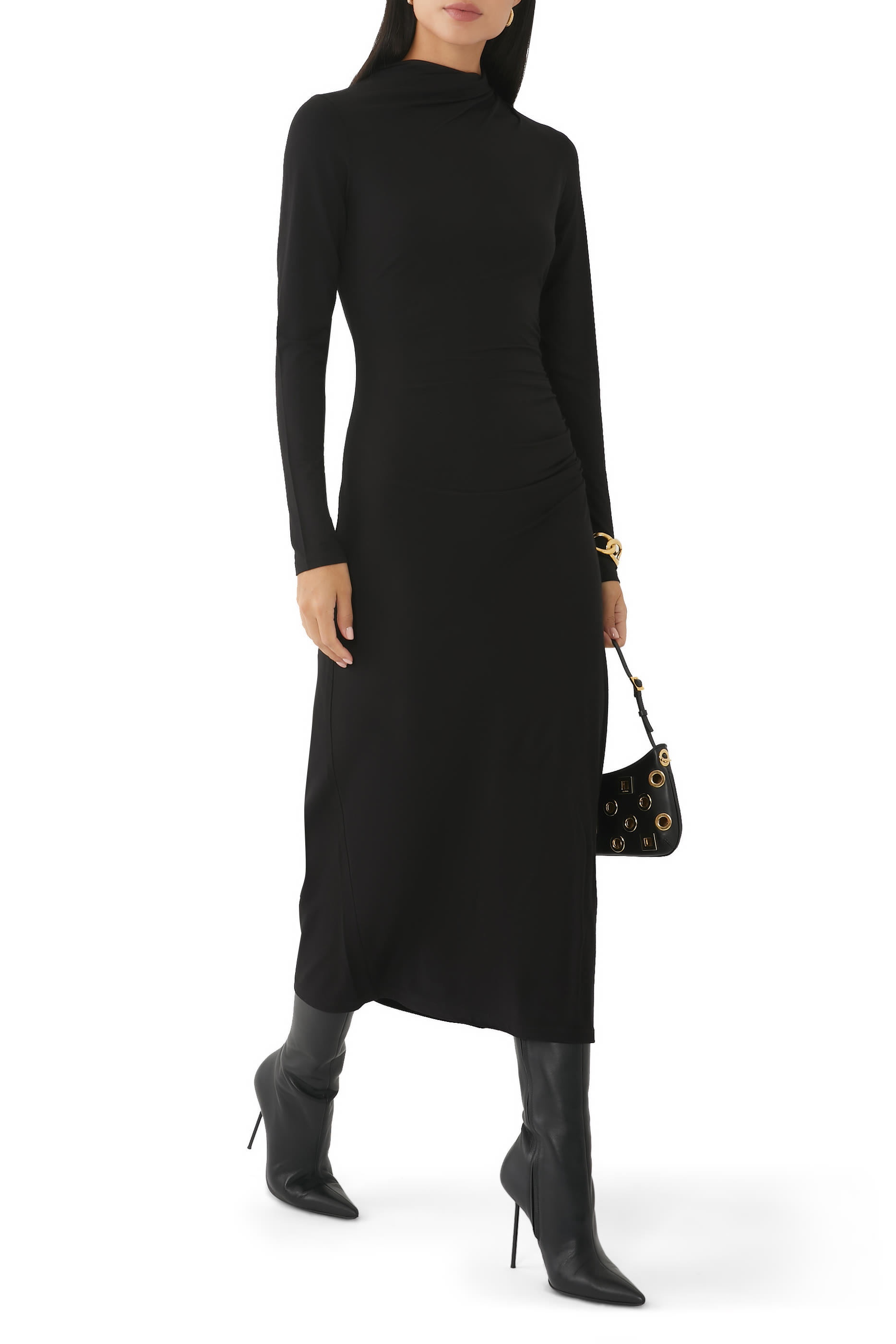 Turtle Neck Rouched Midi Dress