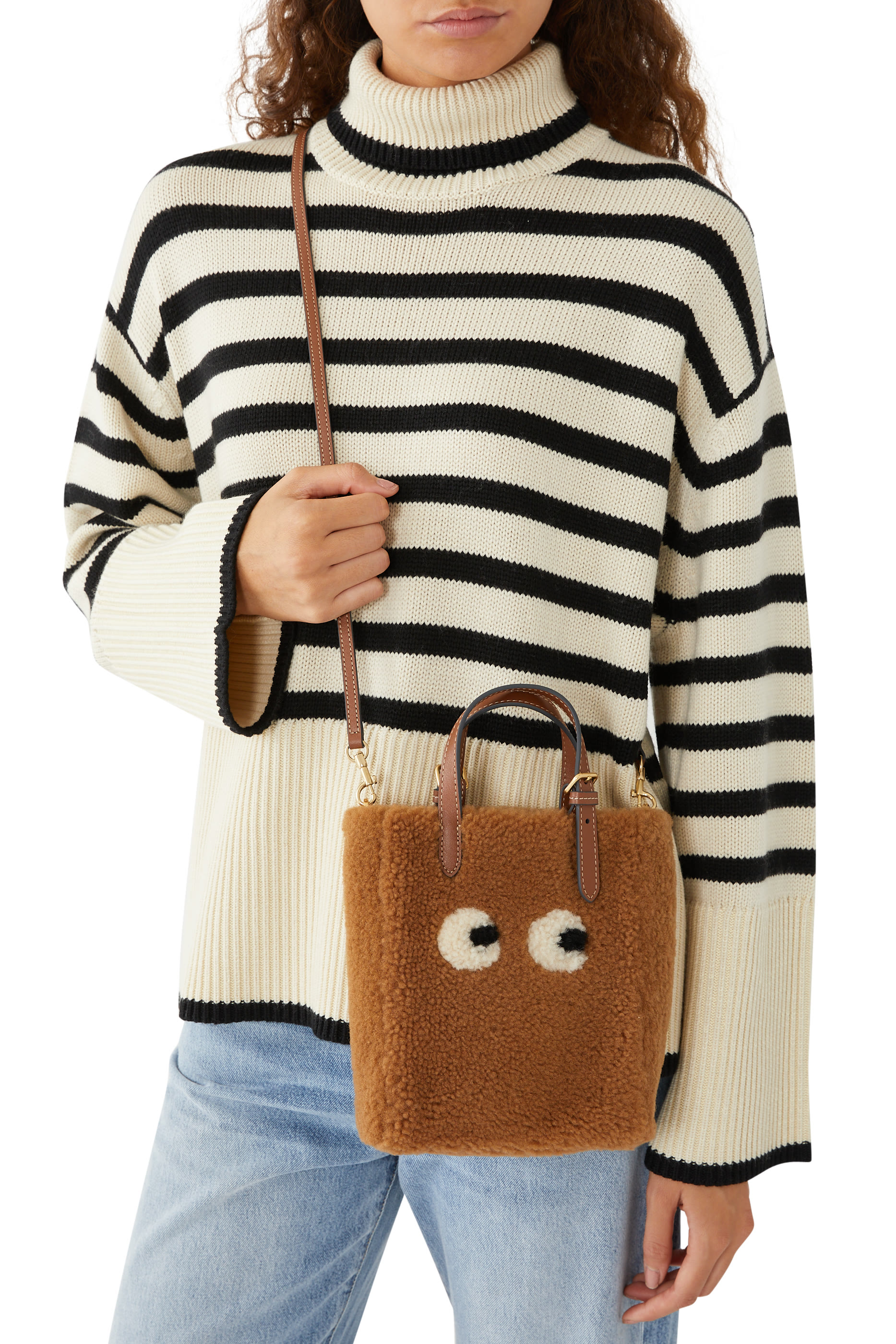 Mini N/S Eyes Shearling Crossbody Tote Bag
