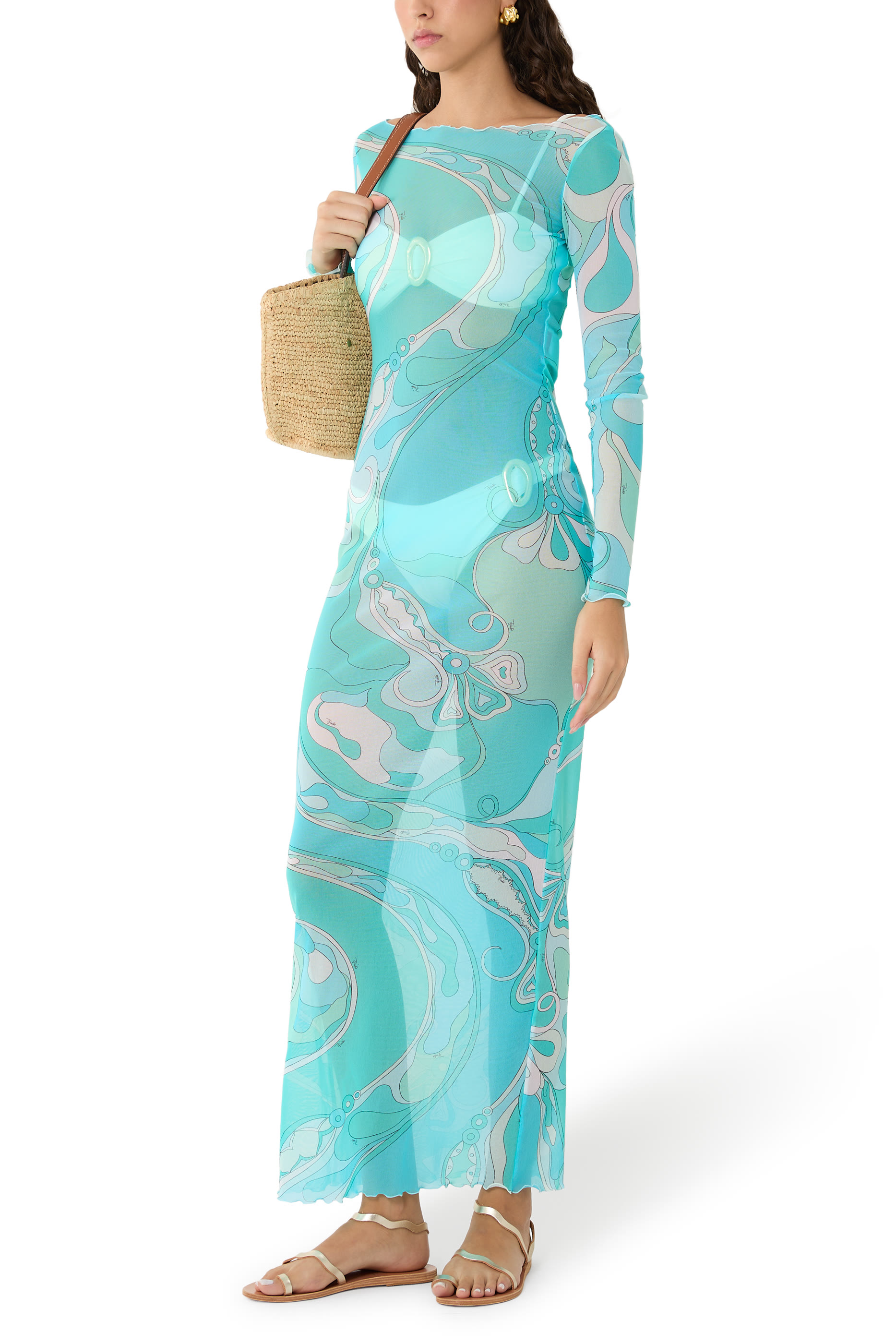 Abito Tulle Long-Sleeve Sheer Maxi Dress