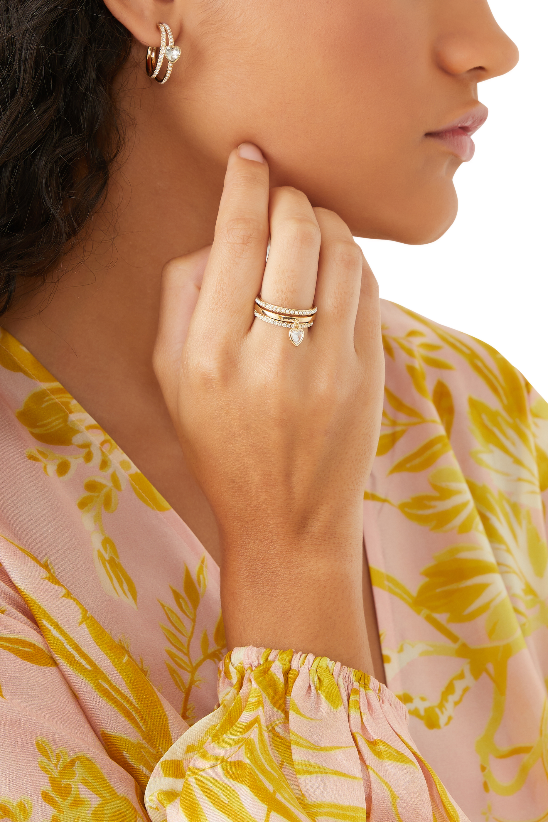 Heart Charm Ring Set, Gold-Plated Brass & Pearls, Crystals